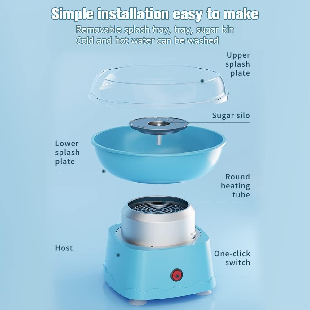 Electric Cotton Candy Maker for Kids - Large Food Grade Splash-Proof Plate, Blue - Perfect for Birthday Parties, Family Gatherings & Home Fun
