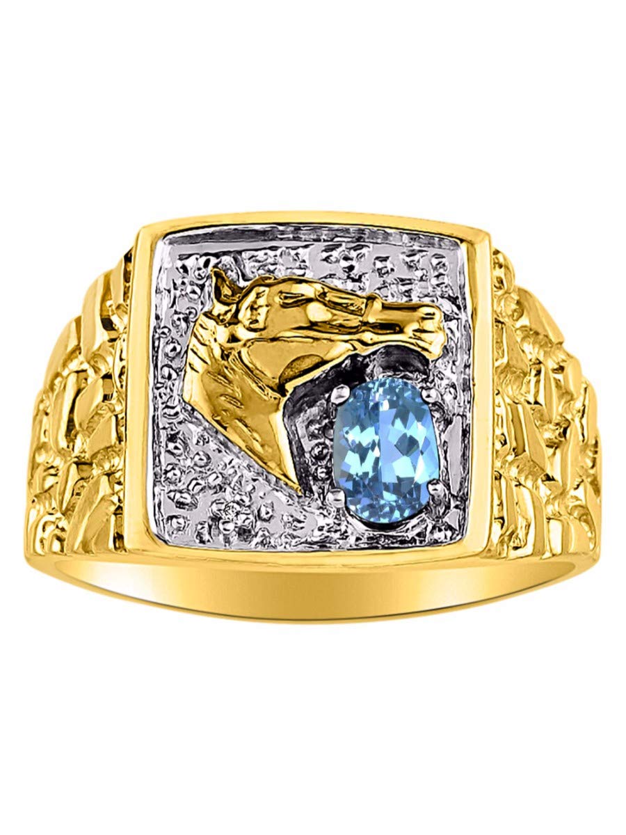 Men's Blue Topaz December Birthstone Ring - 6X4MM Lucky Nugget Horse Head Design in Yellow Gold Plated Silver - Sizes 8-13 - Perfect Gift for Birthday, Anniversary & Special Occasions