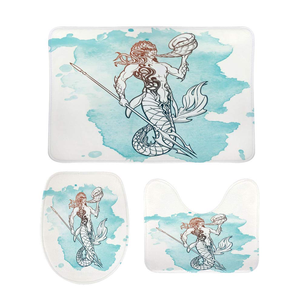 Non-Slip 3-Piece Bathroom Rug Set - Soft Coral Fleece Contour Toilet Mat, Shower Mat & Lid Cover - Mermaid Sketch Design for Bathroom, Toilet & Shower Decor