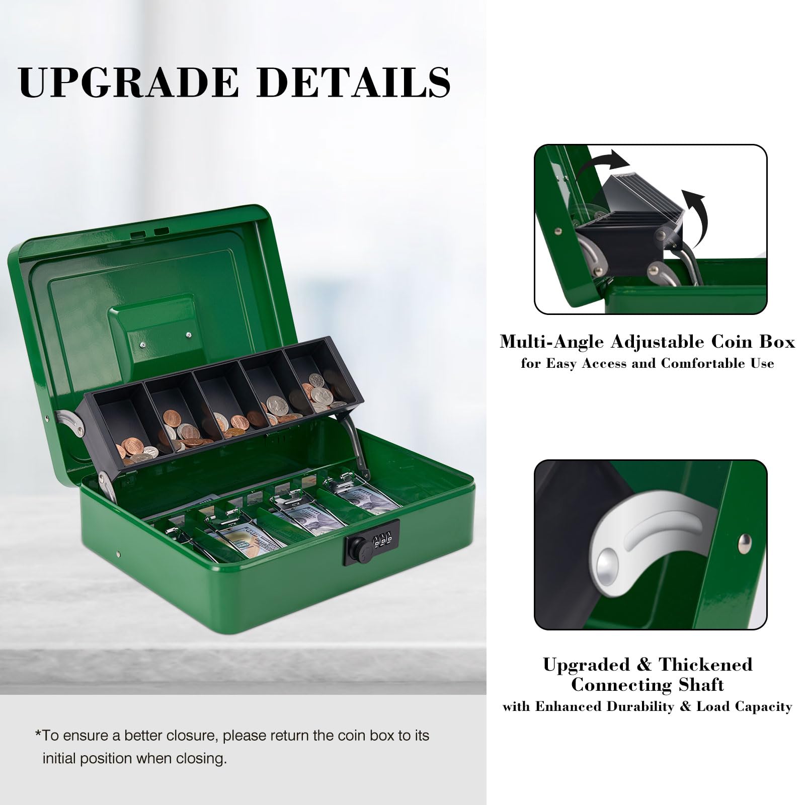 Large Cash Box with Key Lock - Durable Money Saving Organizer with 4 Bill & 5 Coin Slots, Cantilever Design - XL Green Locking Safe Box for Home, Office, Retail Store & Small Business Cash Management