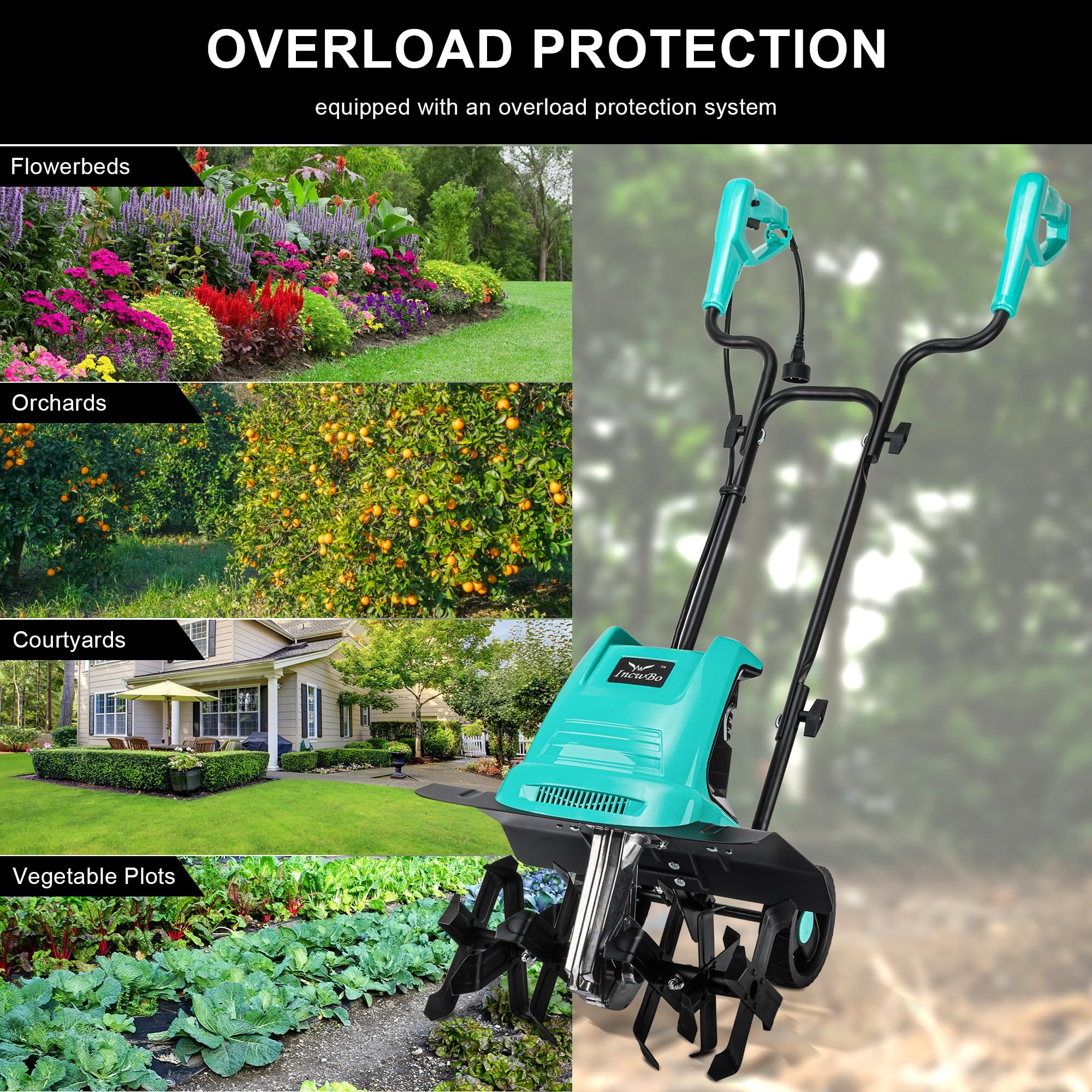 13.5AMP Electric Rototiller - Corded Garden Tiller & Cultivator with 8-Inch Depth & 16-Inch Width for Efficient Soil Tilling - Perfect for Home Gardens, Yards, and Landscaping Projects