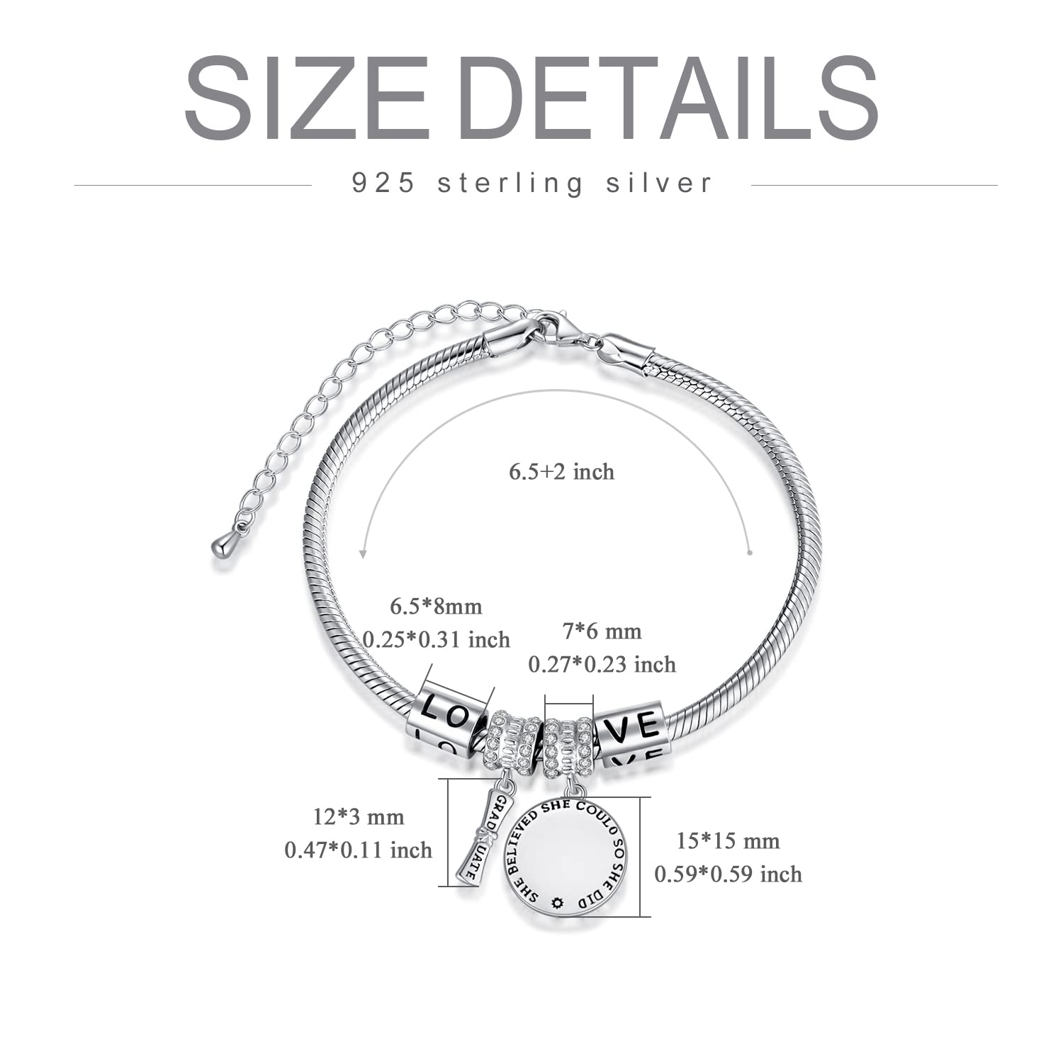 AOBOCO Sterling Silver Inspirational Graduation Snake Bracelet - Perfect College, Masters & Nursing Graduation Gift for Her, Granddaughter, Women (6.5-8.5