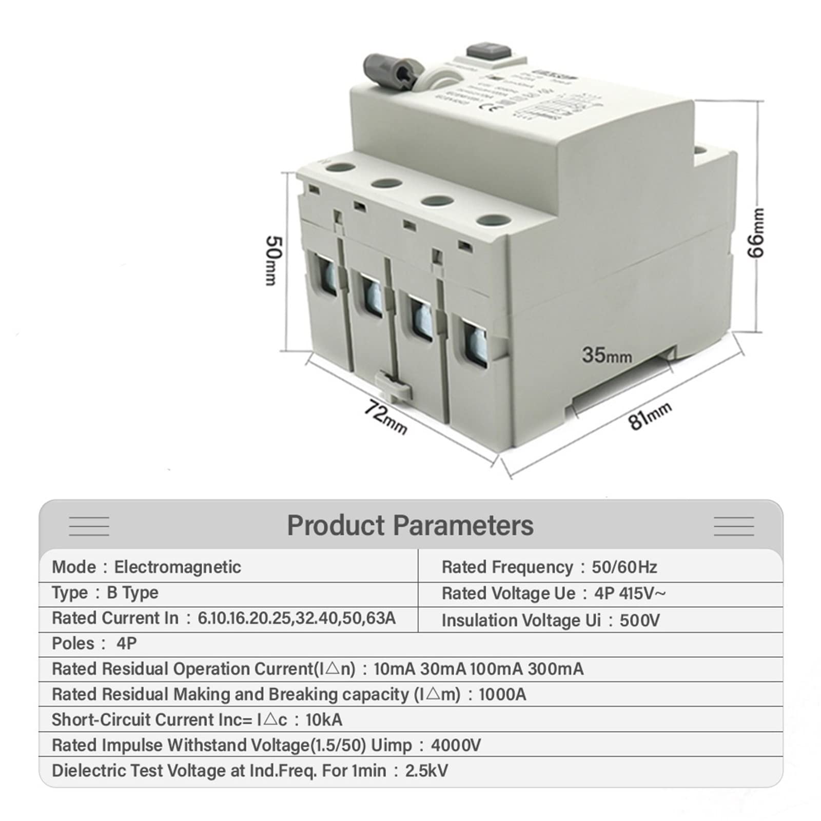 4P 10mA-300mA Type B RCCB RCD 63A 6KA DIN Rail EV Charger Residual Current Circuit Breaker for Electric Vehicle Charging Stations - Home, Commercial & Public Use