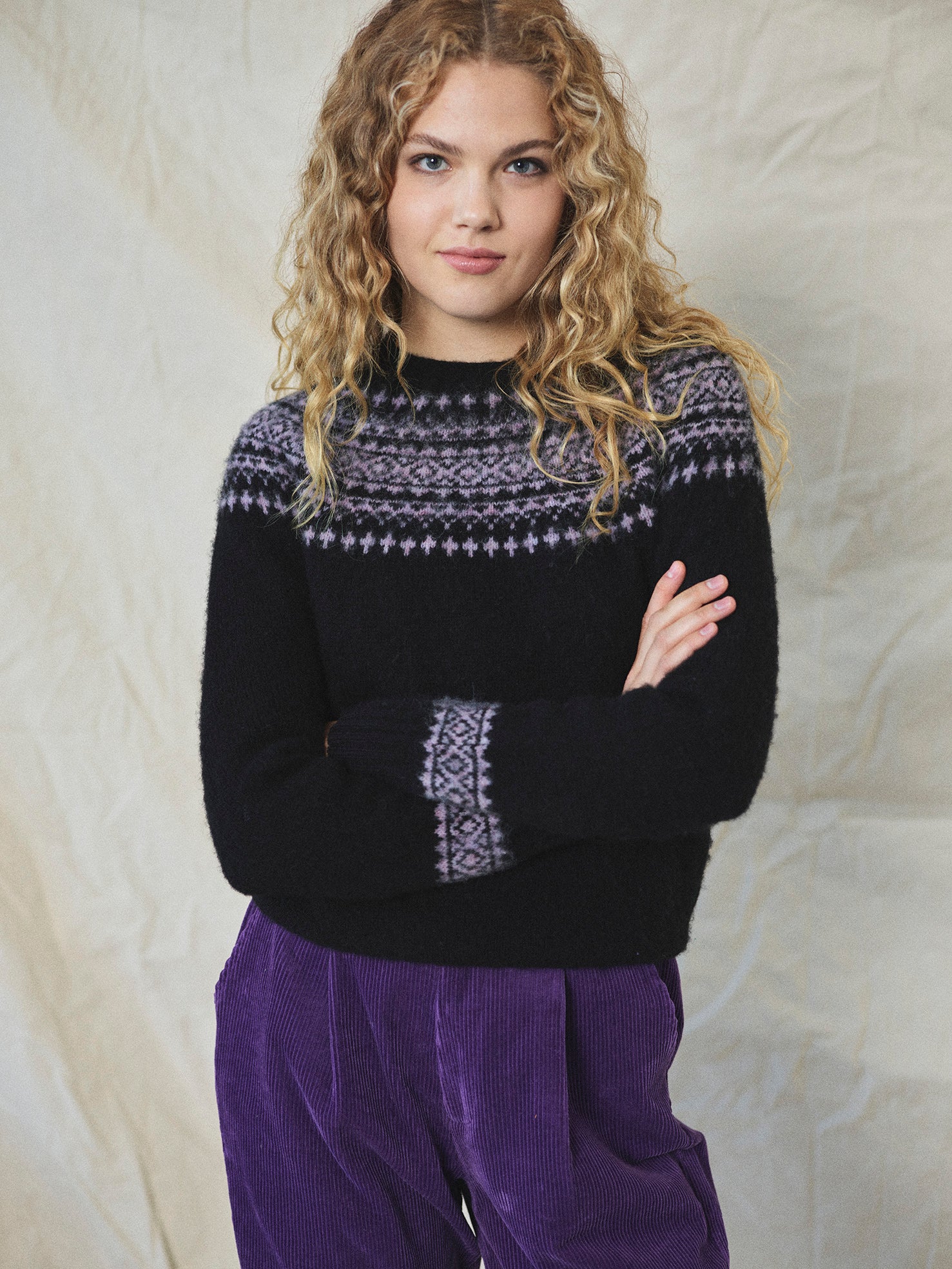 Lowie Black and Lilac Snow Jumper - Warm Winter Knit Sweater for Women - Perfect for Skiing, Snowboarding & Cozy Winter Outfits