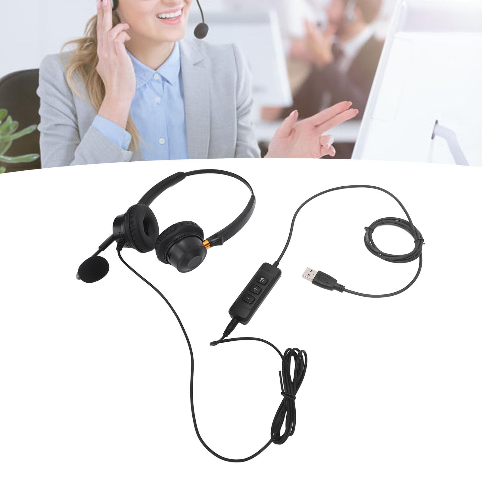 Topiky Noise Canceling USB Headset with Adjustable Volume & Long Cable - Dual Ear Office Telephone Headset for Call Center, Customer Service & Remote Work (PC/Laptop Compatible)