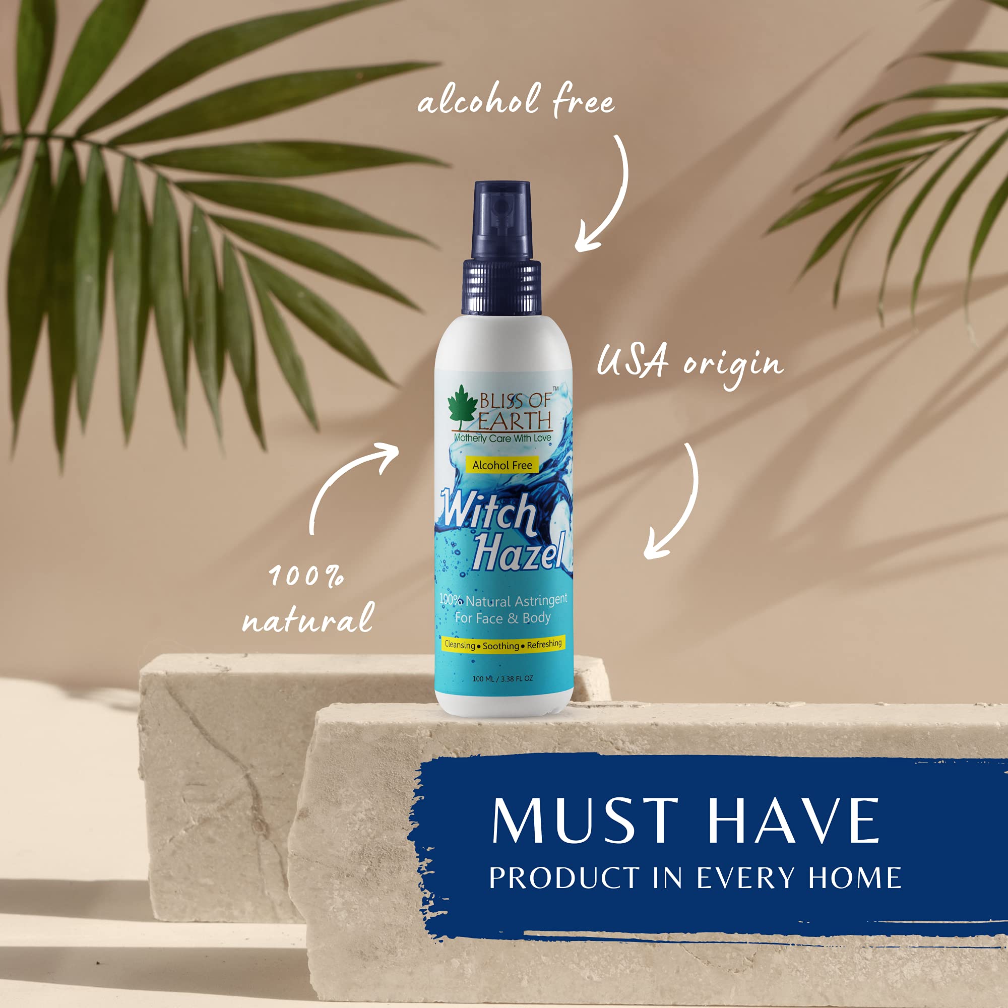 Bliss of Earth Witch Hazel Toner for Face - Natural Pore Minimizer & Alcohol-Free Facial Astringent for Acne & Oily Skin (100ml) | Daily Skincare Routine & Post-Shave Soother