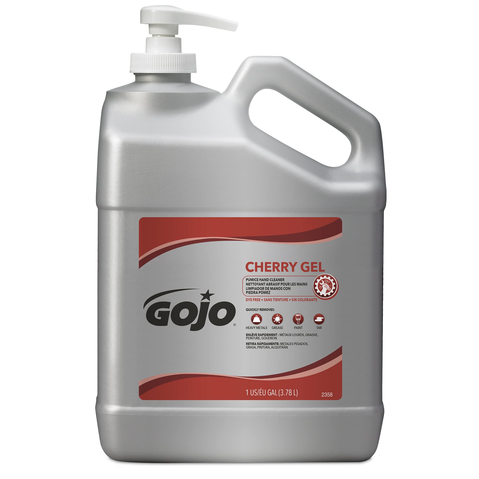 GOJO Cherry Gel Pumice Hand Cleaner with Pump Bottle - 1 Gallon Heavy Duty Hand Soap for Mechanics, Gardeners & Industrial Workers - Removes Grease, Oil & Tough Stains - Cherry Scented Gel Formula (Pack of 1) 2358-02