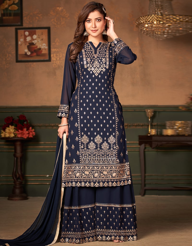 Elegant Blue Faux Georgette Sharara Suit for Women - Perfect for Weddings, Parties & Festive Occasions