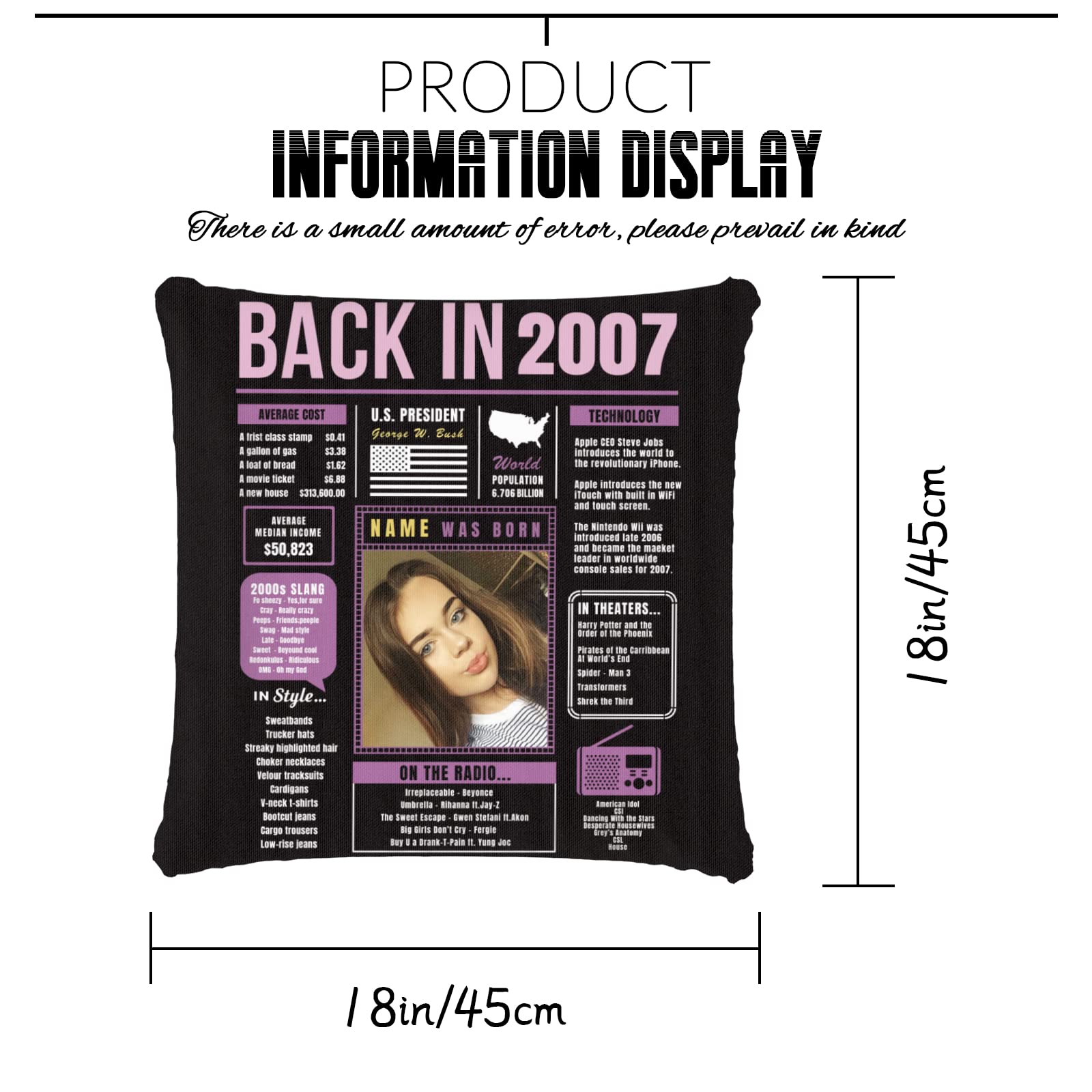 17th Birthday Throw Pillow - Custom Purple Sofa Pillow for Girls & Boys, Super Soft 2007 Birthday Decorations - Perfect for Birthday Party Decor, Home Decor & Gift for Men, Women, Teens