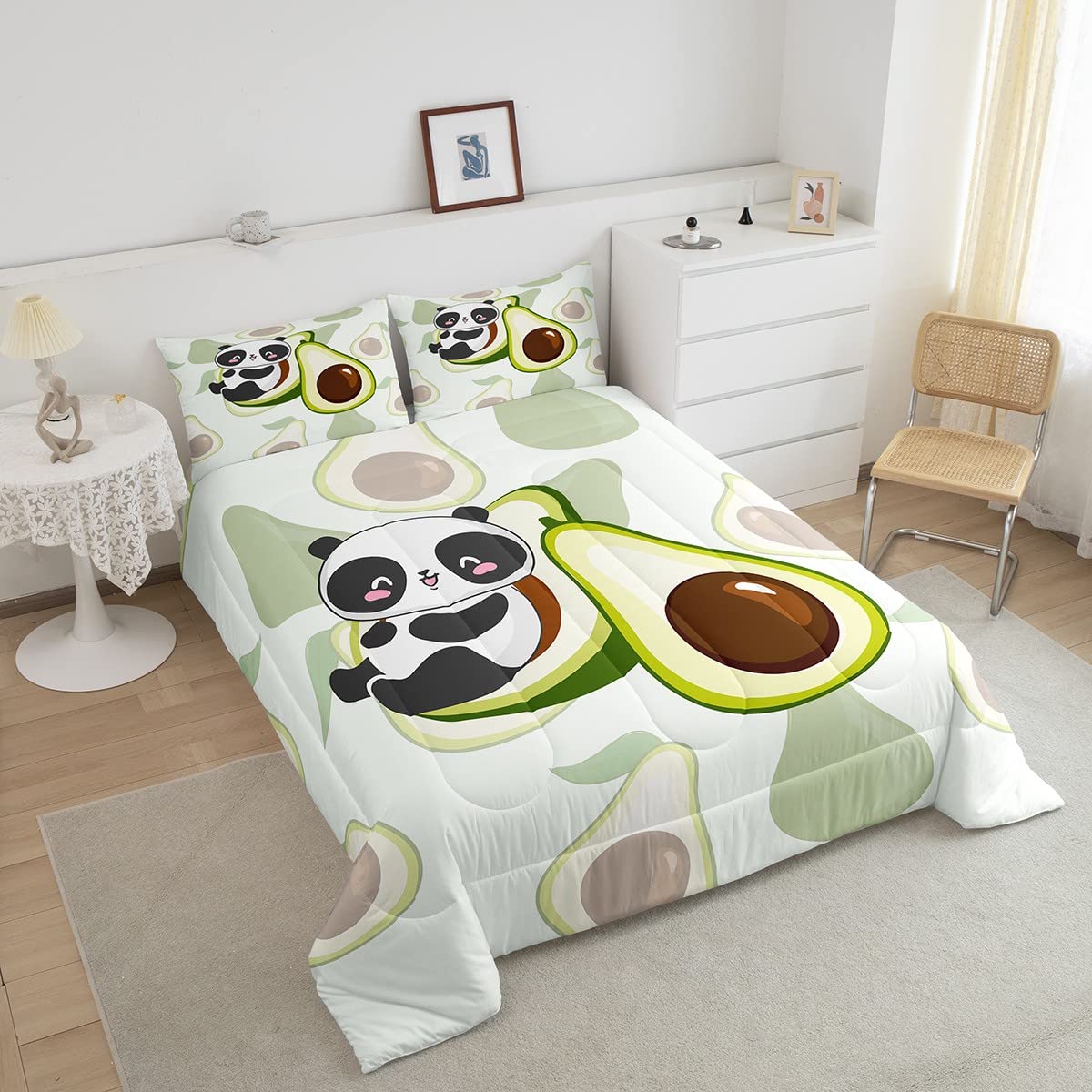 Erosebridal King Size Panda Comforter Set - Cute Black & White Panda Bear Bedding for Kids, Boys & Girls - Avocado Green Tropical Fruit Duvet Cover with 2 Pillowcases - Perfect for Nursery, Kids Room & Teen Bedroom Decor