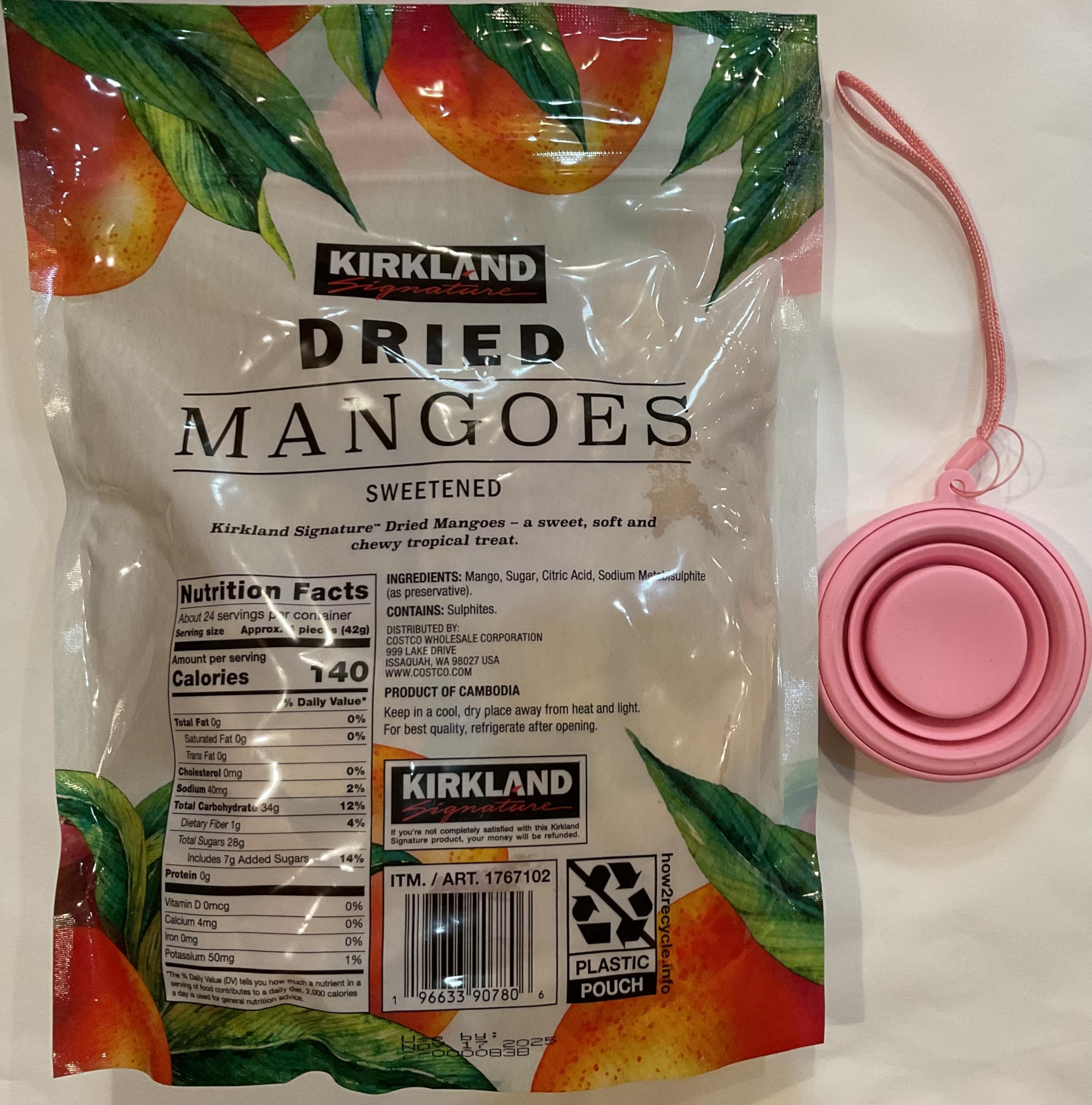 Kirkland Signature Sweetened Dried Mangoes 2.18 lb & Foldable Travel Cup Bundle - Healthy Snacks for Hiking, Camping, Office & On-the-Go Lifestyle