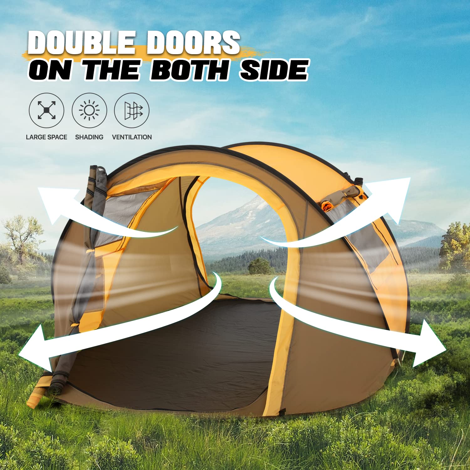 MoNiBloom 2-Person Pop Up Tent - Waterproof Instant Setup Camping Tent for Outdoor, Beach & Travel - Lightweight Automatic Popup Tent with 2 Doors, Side Windows & Carry Bag - Perfect for Family Camping, Beach Trips & Backpacking Adventures (Yellow)