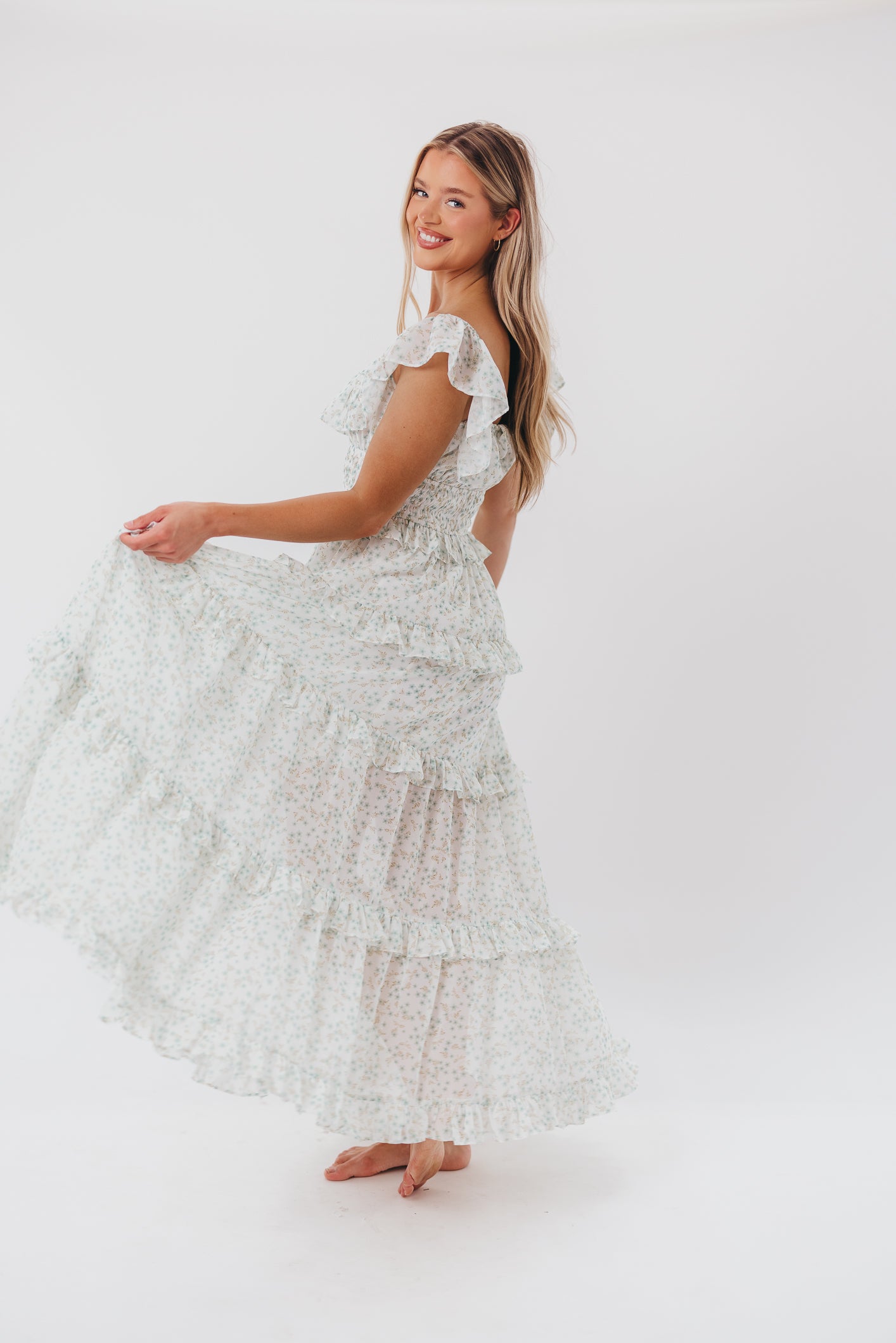 Astrid Ruffle Detail Maxi Dress in Sage Floral - Bump Friendly Maternity Dress for Pregnancy, Nursing & Special Occasions | Flowy Summer Dress for Beach, Wedding & Vacation