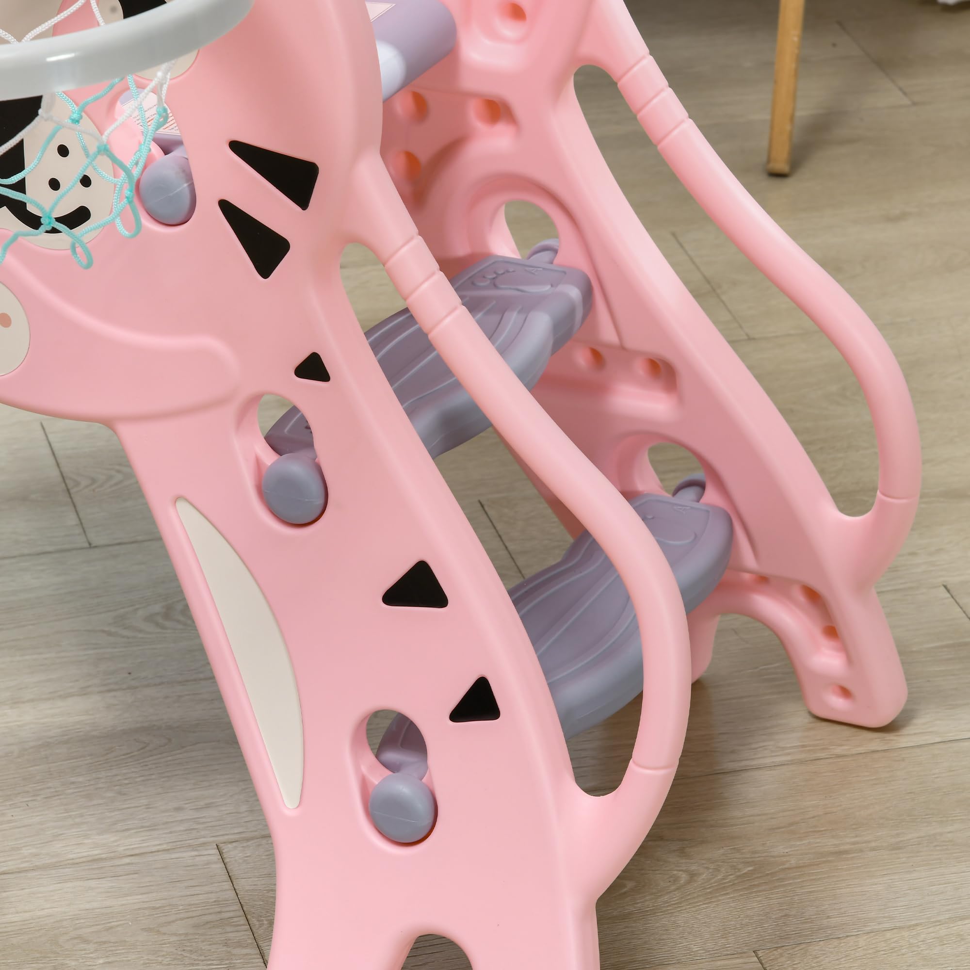 Qaba 3-in-1 Indoor Toddler Slide Playset with Basketball Hoop & Climber - Easy Assembly for Kids 18-36 Months - Tiger Design Pink Slide for Home Playroom, Daycare or Backyard Fun