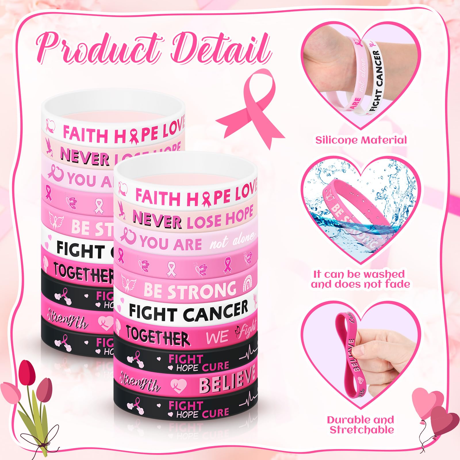 100-Pack Pink Ribbon Silicone Wristbands for Breast Cancer Awareness - Inspirational Strength Faith Hope Bracelets for Fundraisers, Walks & Support Events - Party Favors & Charity Giveaways