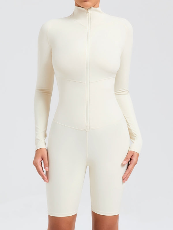 ZASUWA Women's Stand Collar Long Sleeve Romper Jumpsuit with Zipper - Casual Outfit for Work, Date Night & Spring Fashion