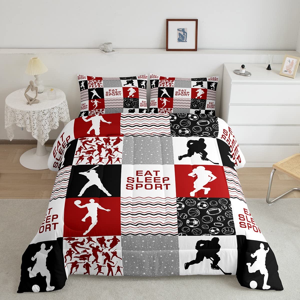 Feelyou 3-Piece Sports Comforter Set for Boys - Baseball, Football, Basketball & Hockey Design - Soft Lightweight Quilt with 2 Pillowcases (Full/Queen Size, Red) - Perfect for Kids & Teens Bedroom Decor, Dorm Room Essentials, and Sports Themed Bedding