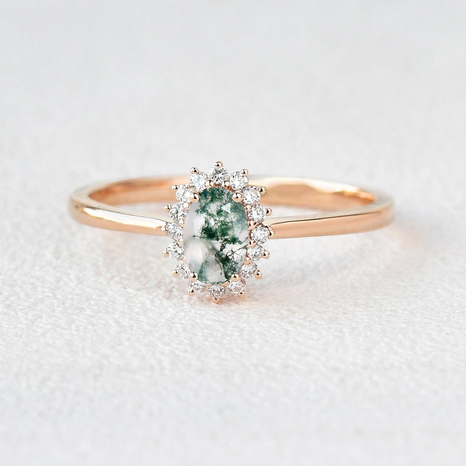 Oval Moss Agate & Moissanite White Gold Ring - Elegant Nature-Inspired Jewelry for Women - Perfect for Weddings, Anniversaries & Special Occasions