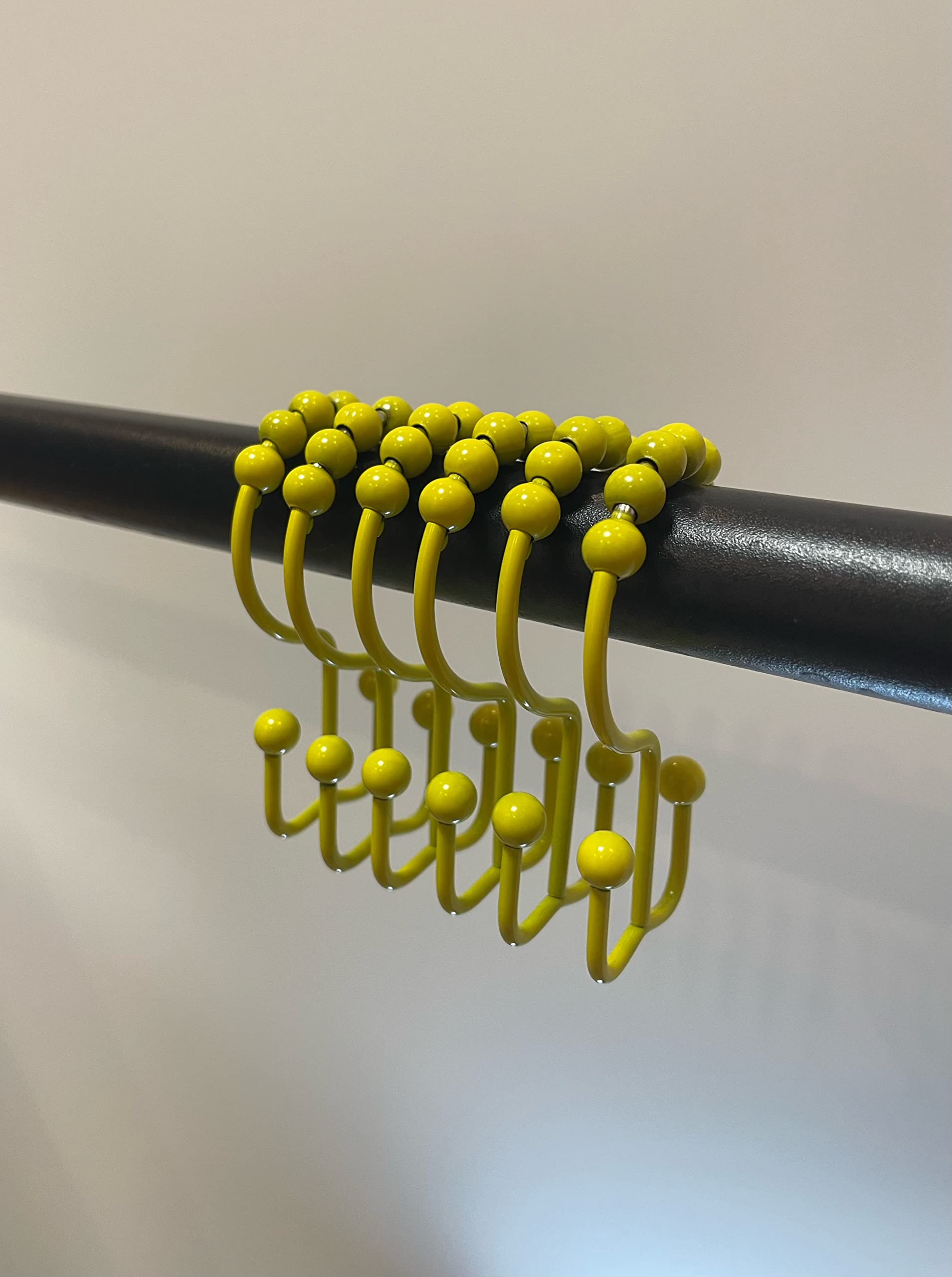 Premium 304 Stainless Steel Shower Curtain Hooks - 12 Pack Yellow Double Glide Bathroom Shower Rings for Smooth Curtain Movement - Durable Rustproof Hooks for Shower Rods & Bath Curtains - Perfect for Bathroom Decor & Easy Curtain Adjustment