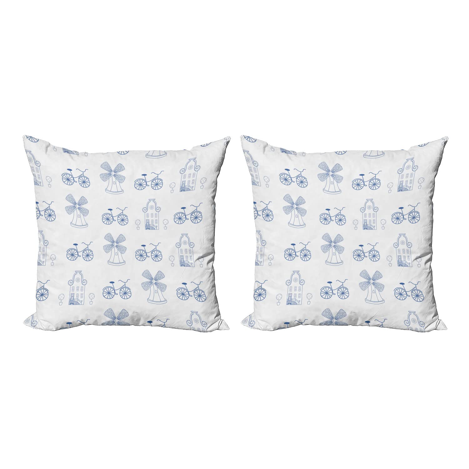 Ambesonne 2-Pack Bicycle Themed Throw Pillow Covers - Dutch Windmill & Topiary Tree Blue Design, 20x20 Inch Decorative Square Covers for Sofa, Couch & Bed - Perfect for Living Room, Bedroom & Home Decor (White & Night Blue)