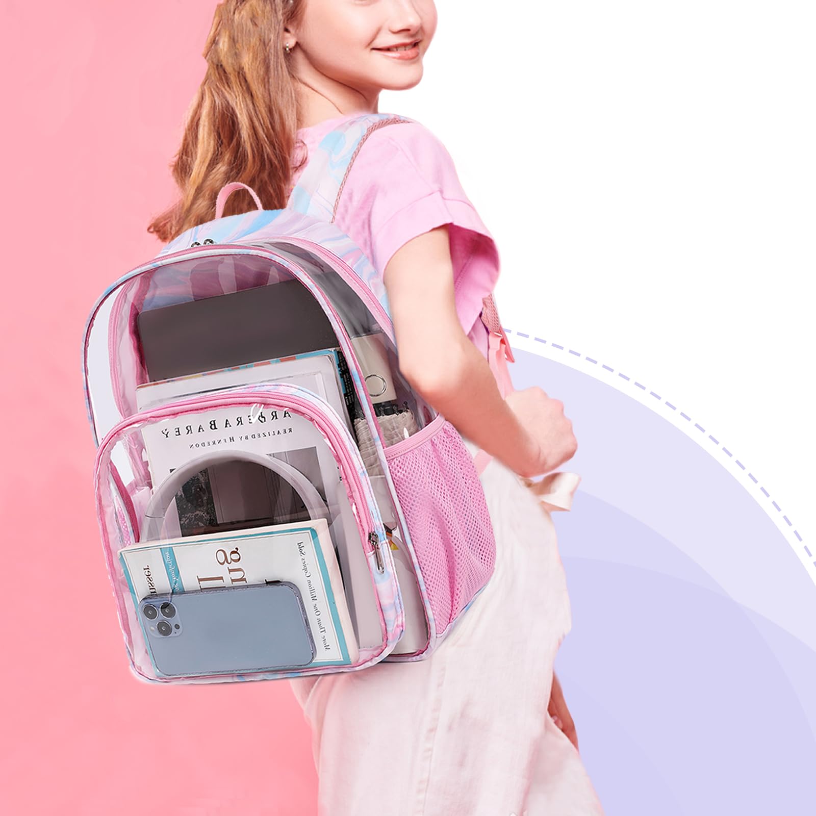 Clear Backpack for School - Heavy Duty TPU Transparent Bookbag for Girls & Teens, Large Capacity Waterproof Pink Backpack for College, Travel, Work & Security Check