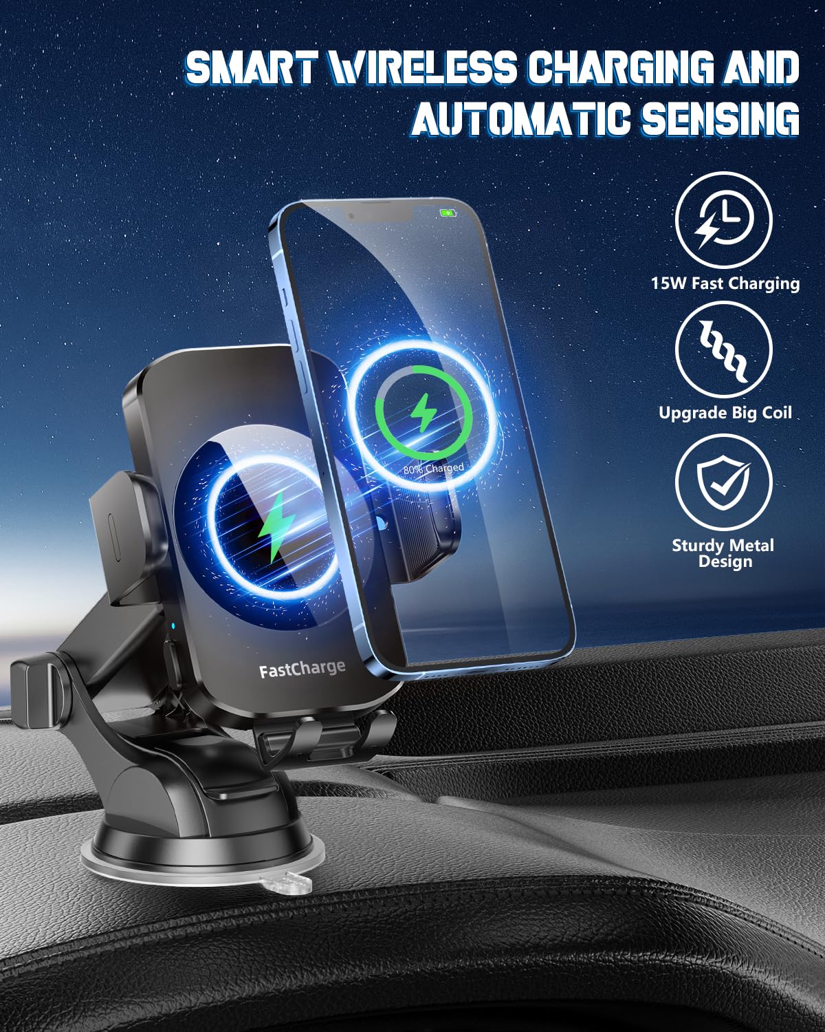 Fast Wireless Car Charger & Phone Holder - 3-in-1 Auto Clamping Car Mount Compatible with iPhone 16/15/14/13/12/11/XS/XR & Samsung S23 Ultra/S22/S21/S20/S10+/S9+/Note 9 - Perfect for Commuting, Road Trips & Hands-Free Driving