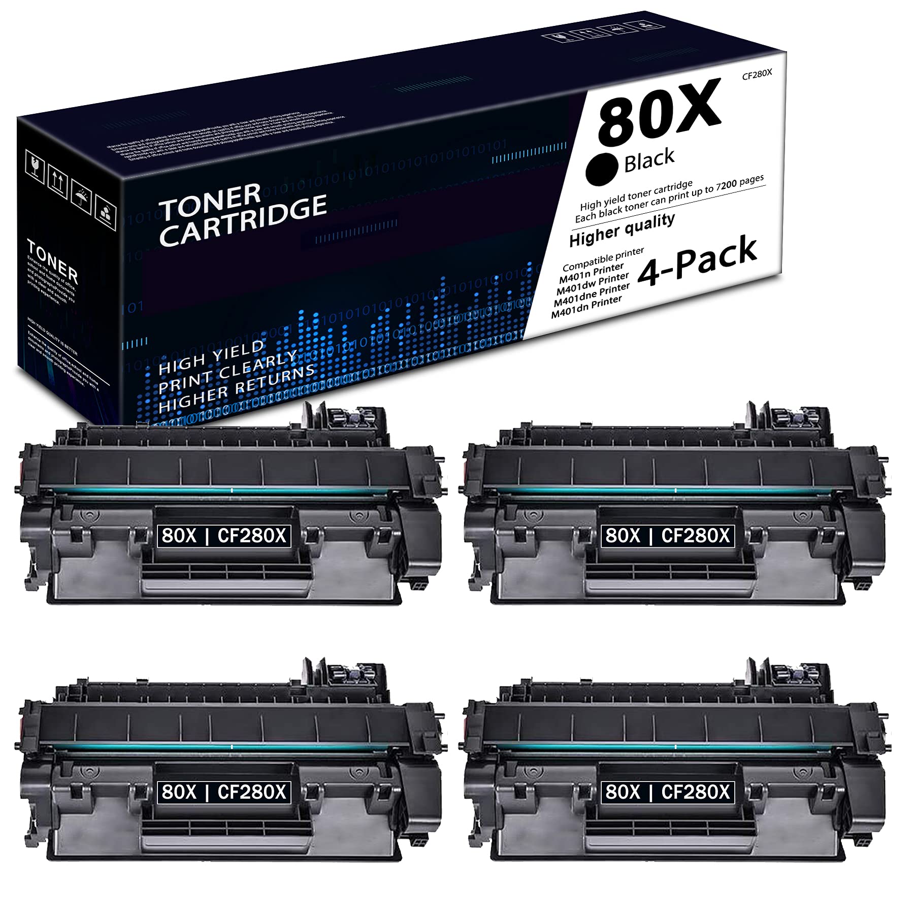4 Pack CF280X High Yield Toner Cartridge - Compatible with HP Pro 400 MFP M425dn M401dne M401dw M401n Printers - Replacement for HP 80X Ink Cartridges - Perfect for Office & Home Printing Needs