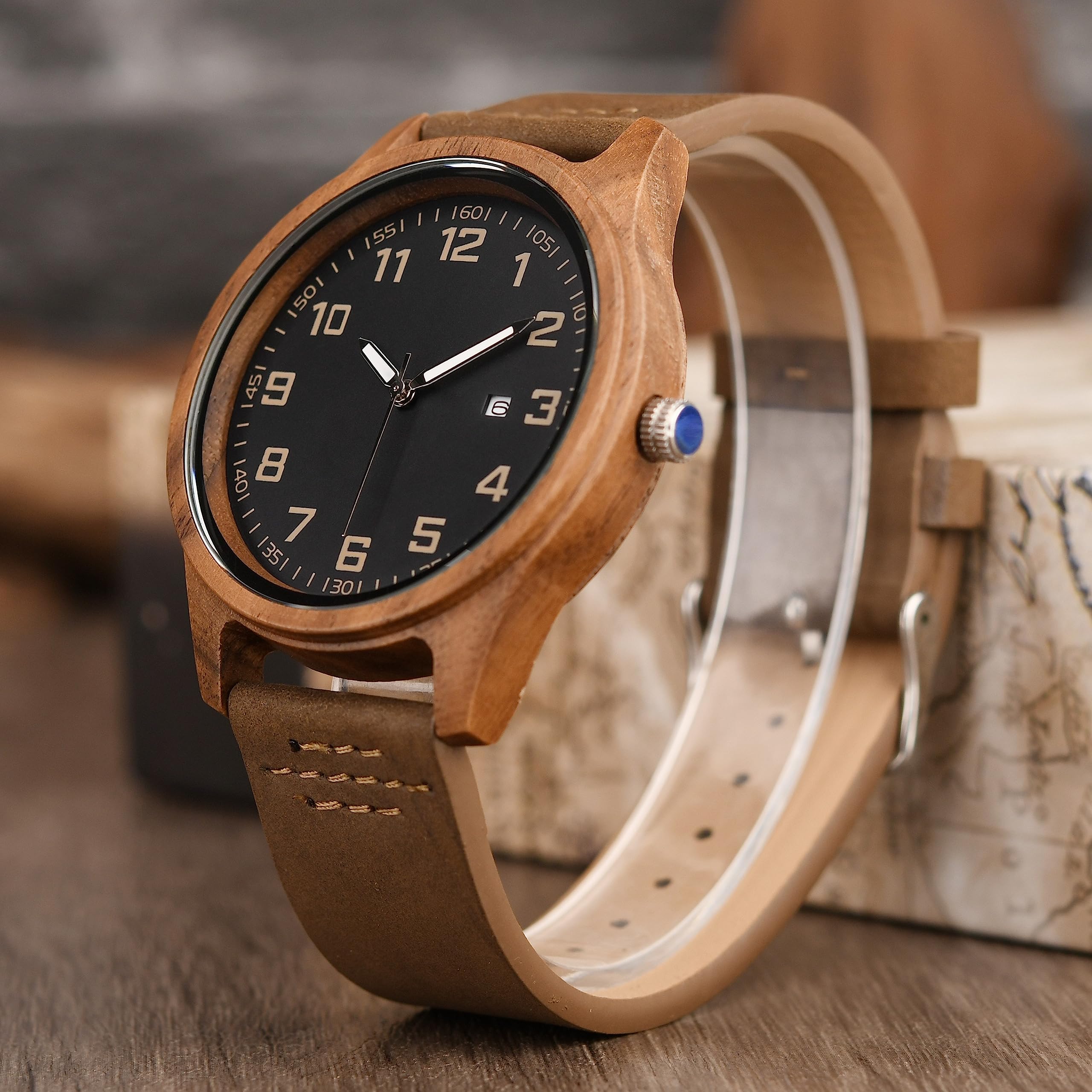 Personalized Engraved Wood Watch for Men - Handmade Walnut Wooden Watch with Genuine Leather Strap - Perfect Anniversary, Birthday Gift for Husband, Dad, Son - Ideal for Casual Wear, Office & Special Occasions