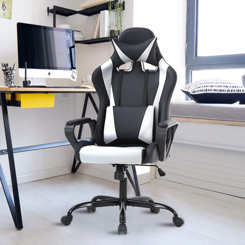 Racing Style Gaming Chair - Ergonomic High Back Office Chair with Adjustable Headrest & Lumbar Support - White Leather Computer Desk Chair for Gaming, Work & Home Office Use