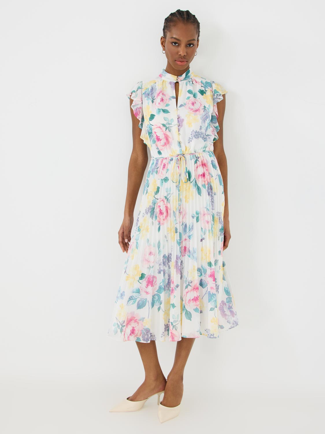 Elegant Printed Pleated Chiffon Dress with Ruffle Sleeves - Women's Flowy Summer Dress for Parties, Weddings & Special Occasions