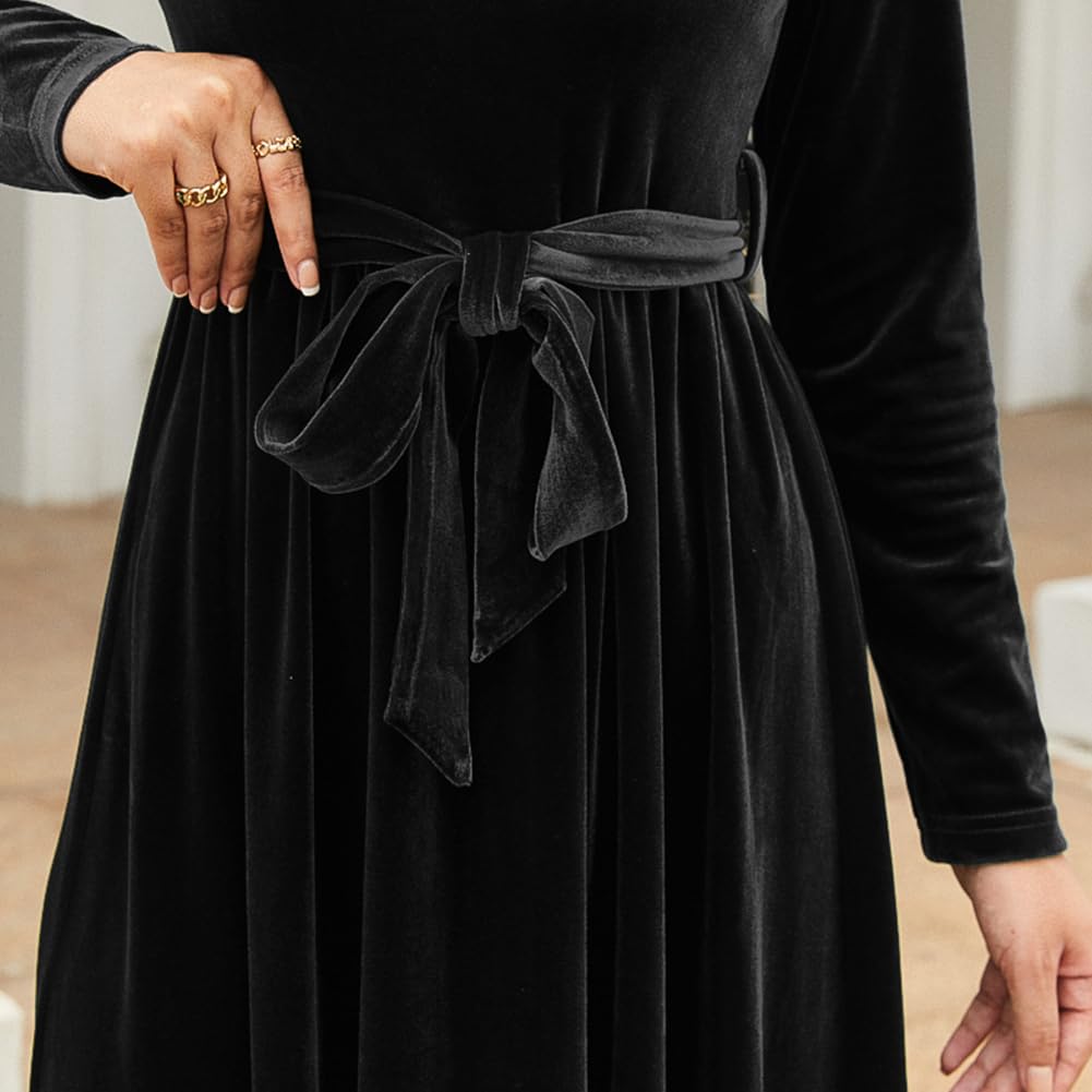 OBEEII Women's Long Sleeve Velvet Maxi Dress with Belt - Elegant Fall Wedding Guest Dress, Holiday Party Outfit & Casual Occasion Wear