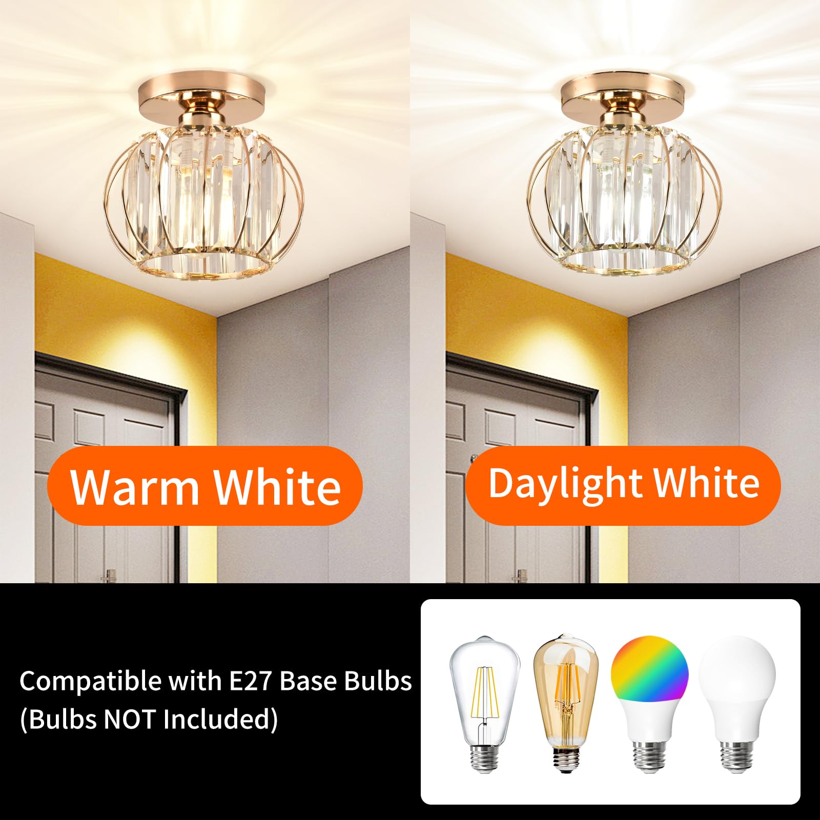 ZYDTRIP Crystal Ceiling Light Fixture - Small Semi-Flush Mount Chandelier in Gold for Hallway, Kitchen, Bedroom, Dining & Living Rooms - Elegant Lighting for Home Decor & Bar Areas