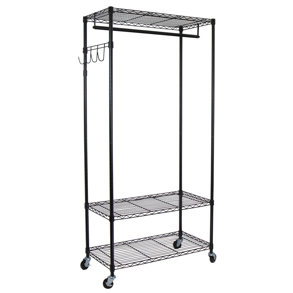 Oceanstar Adjustable Garment Rack with Hooks & Shelves - Black for Closet Organization
