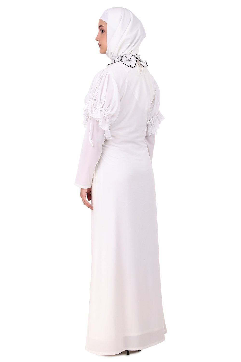 Elegant White Embroidered Floral Neck Abaya Dress for Women - Perfect for Prayer, Eid, and Special Occasions