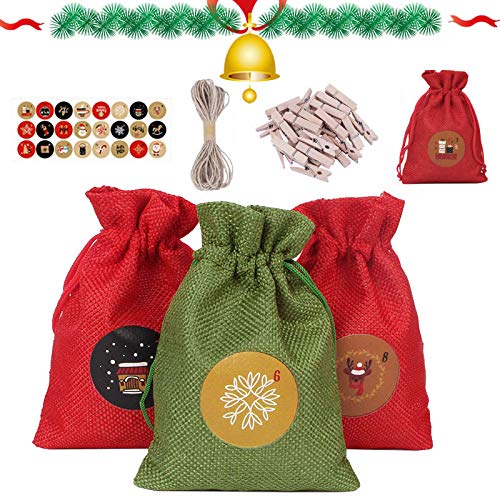 24-Piece Christmas Countdown Calendar Bags with Wooden Clips - Burlap Advent Calendar Garland for Candy & Gifts - Holiday Xmas Party Decor for Home, Office, Tree & Fireplace Mantel