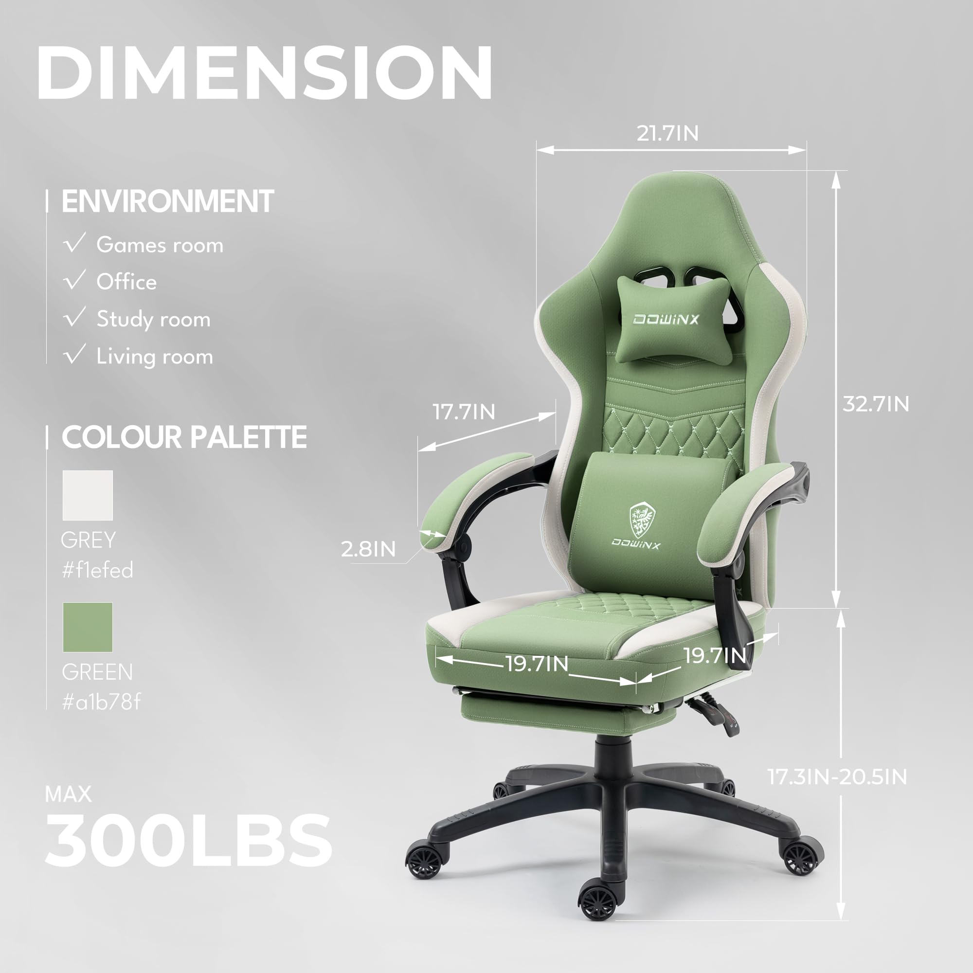 Dowinx Ergonomic Gaming Chair with Breathable Fabric & Pocket Spring Cushion - Comfortable Office Chair with Gel Pad, Storage Bag & Footrest - Green - Perfect for PC Gaming, Home Office & Esports