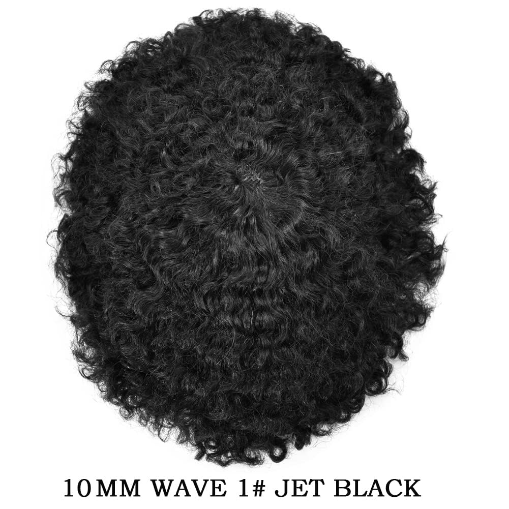 Afro Toupee for Black Men - 8''X10'' Brazilian Human Hair Unit | Kinky Coily Curly Hairpiece | 10MM Afro Wave #1 Jet Black | Perfect for Daily Wear, Cosplay & Special Events