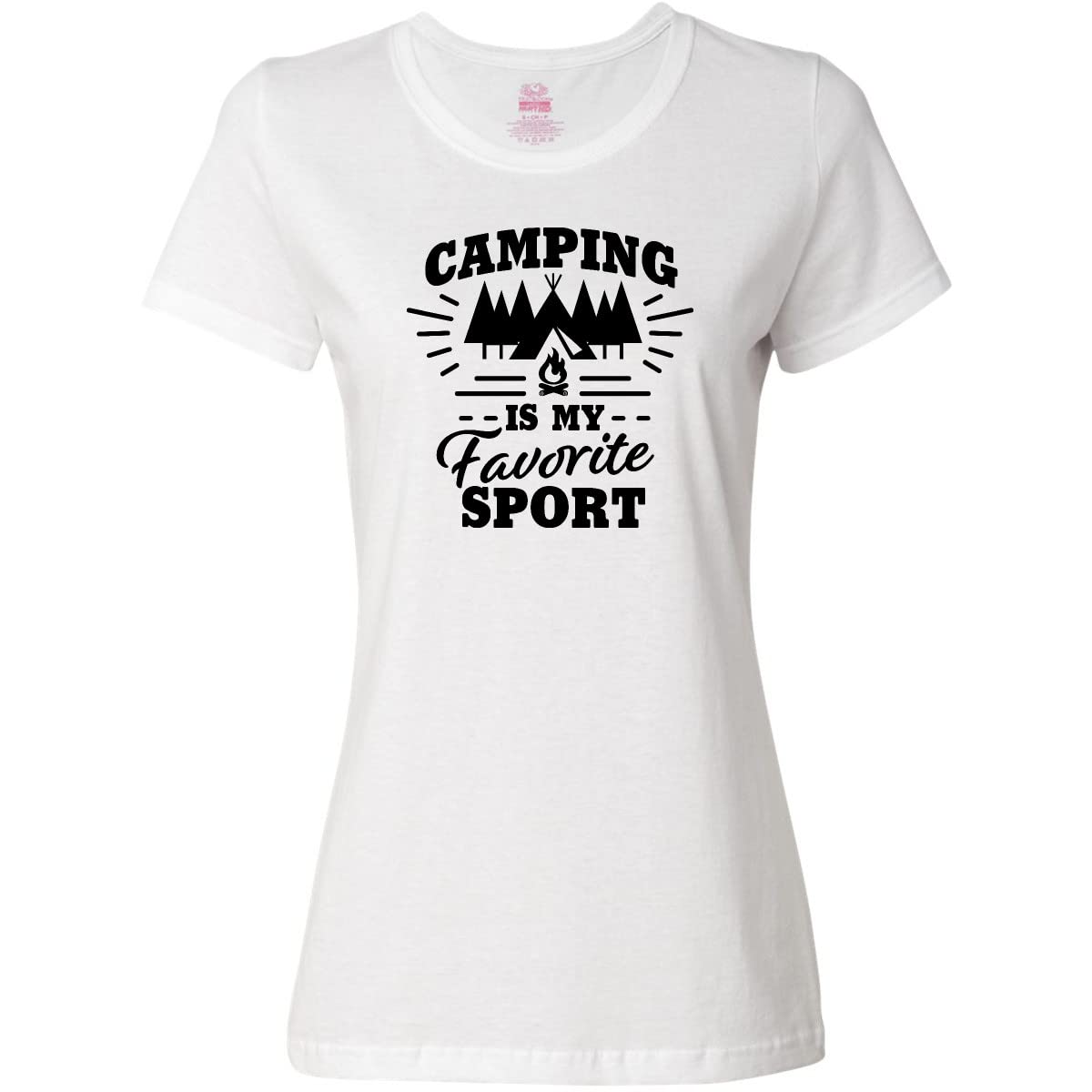 Inktastic Camping is My Favorite Sport with Tent and Trees Women's T-Shirt | Funny Camping Graphic Tee for Women | Perfect for Outdoor Adventures, Hiking & Camping Trips