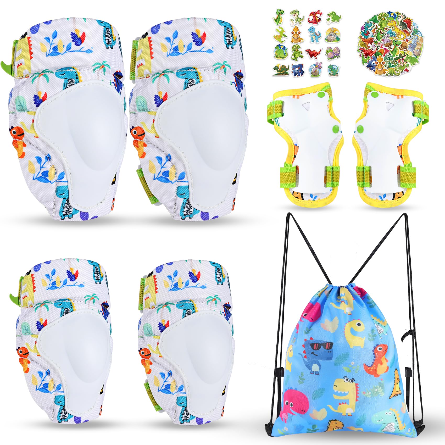 **Boys Knee Pads Set - Adjustable Dinosaur Knee & Elbow Pads with Wrist Guards for Kids - Protective Gear for Roller Skating, Biking, Scooter - Includes Drawstring Bag & Dino Stickers - Perfect for Outdoor Play & Sports Safety**