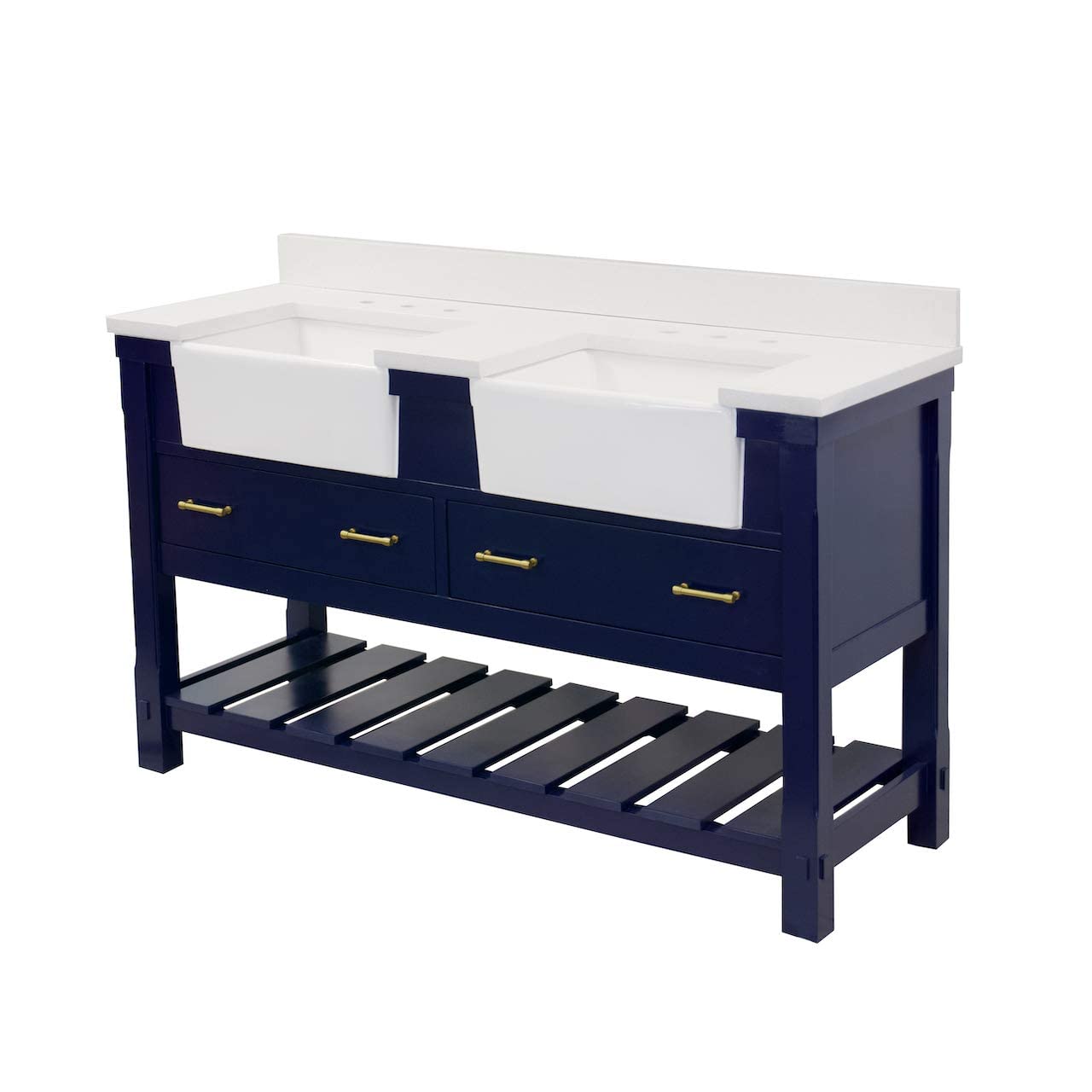 Charlotte 60-inch Double Bathroom Vanity with Quartz Countertop & Royal Blue Cabinet - Farmhouse Apron Sink Included | Modern Bathroom Storage Solution for Master Bath, Guest Bath & Powder Room