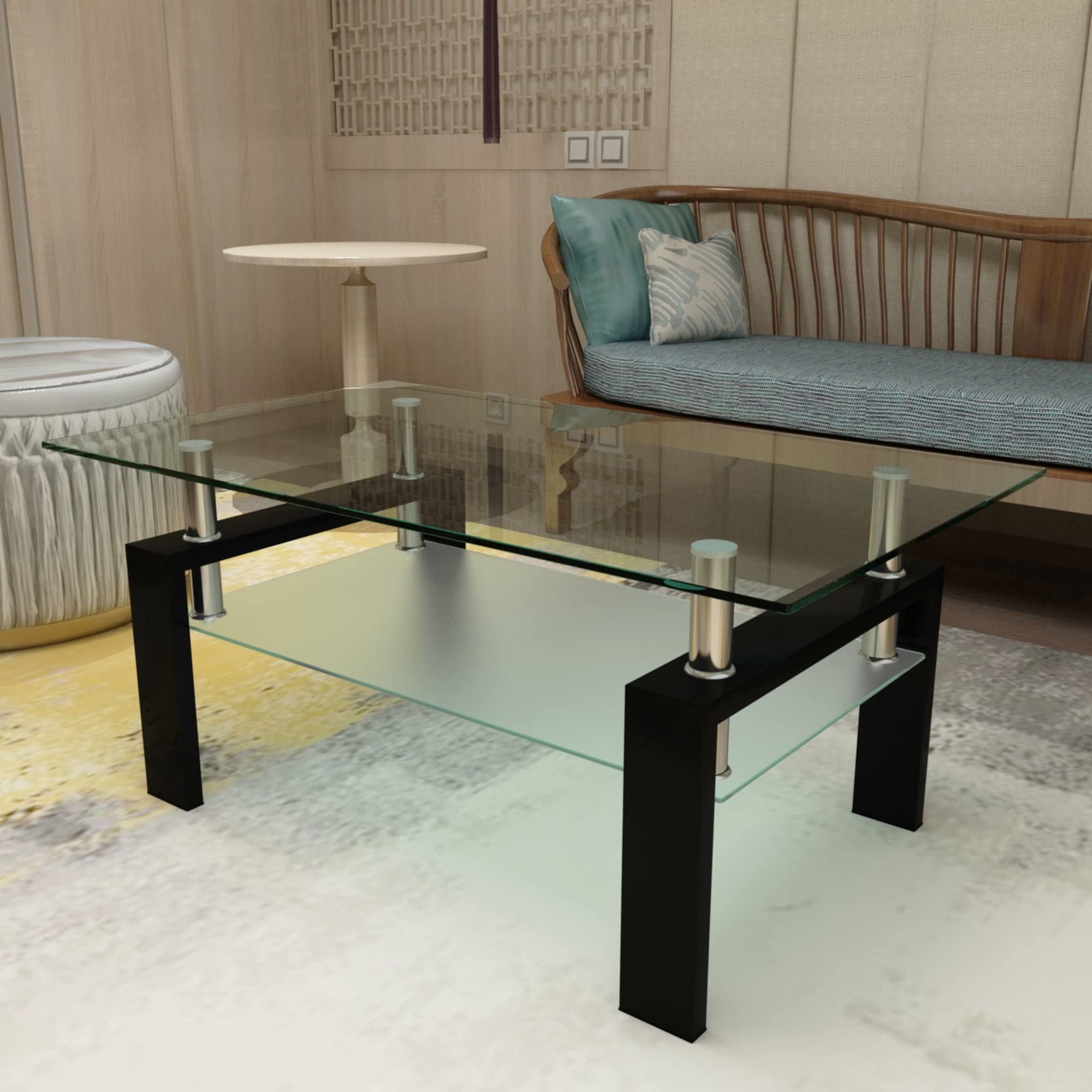Modern Rectangle Black Glass Coffee Table - Mid-Century Wood Finish Side Table for Living Room, Lounge & Office - Clear Glass Top Center Table for Home Decor & Furniture