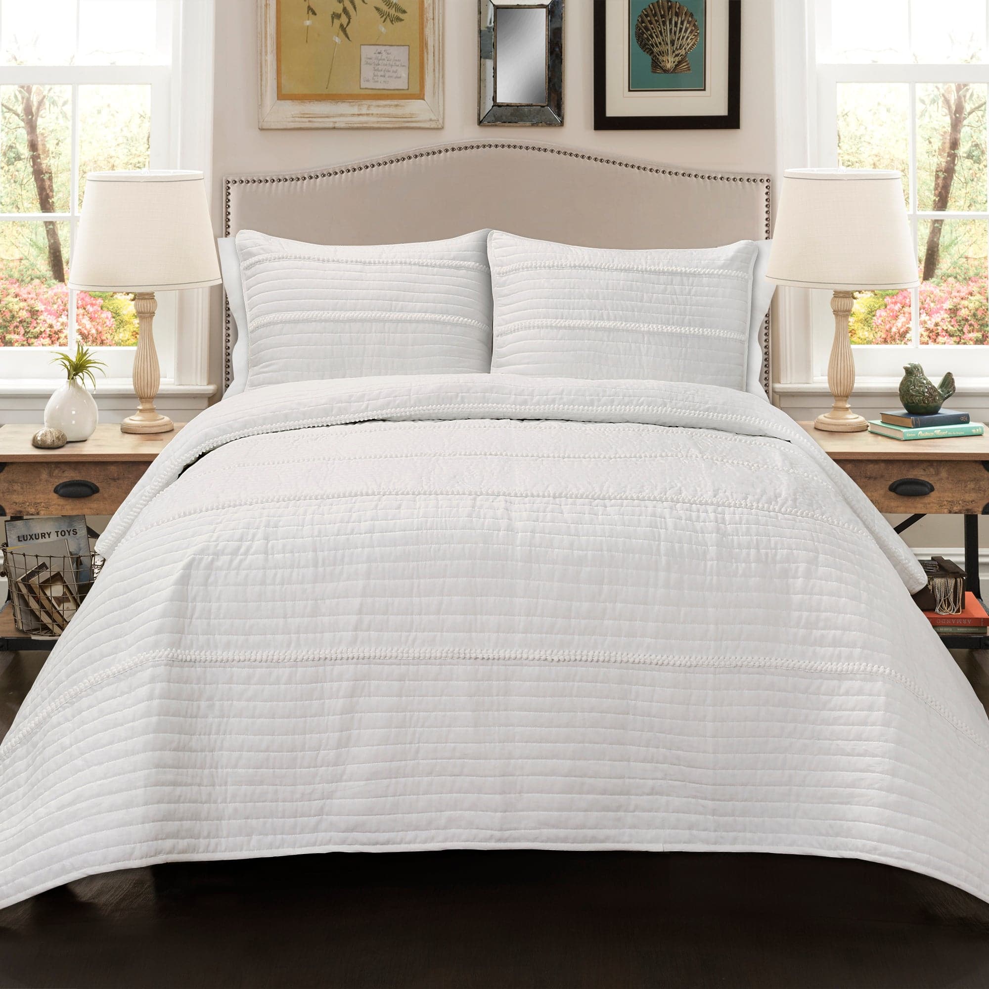 Pom Pom Stripe Quilt 3 Piece Bedding Set - Soft & Cozy Comforter, Pillow Shams & Bed Skirt - Perfect for Guest Rooms, Kids' Bedrooms & Cozy Winter Nights