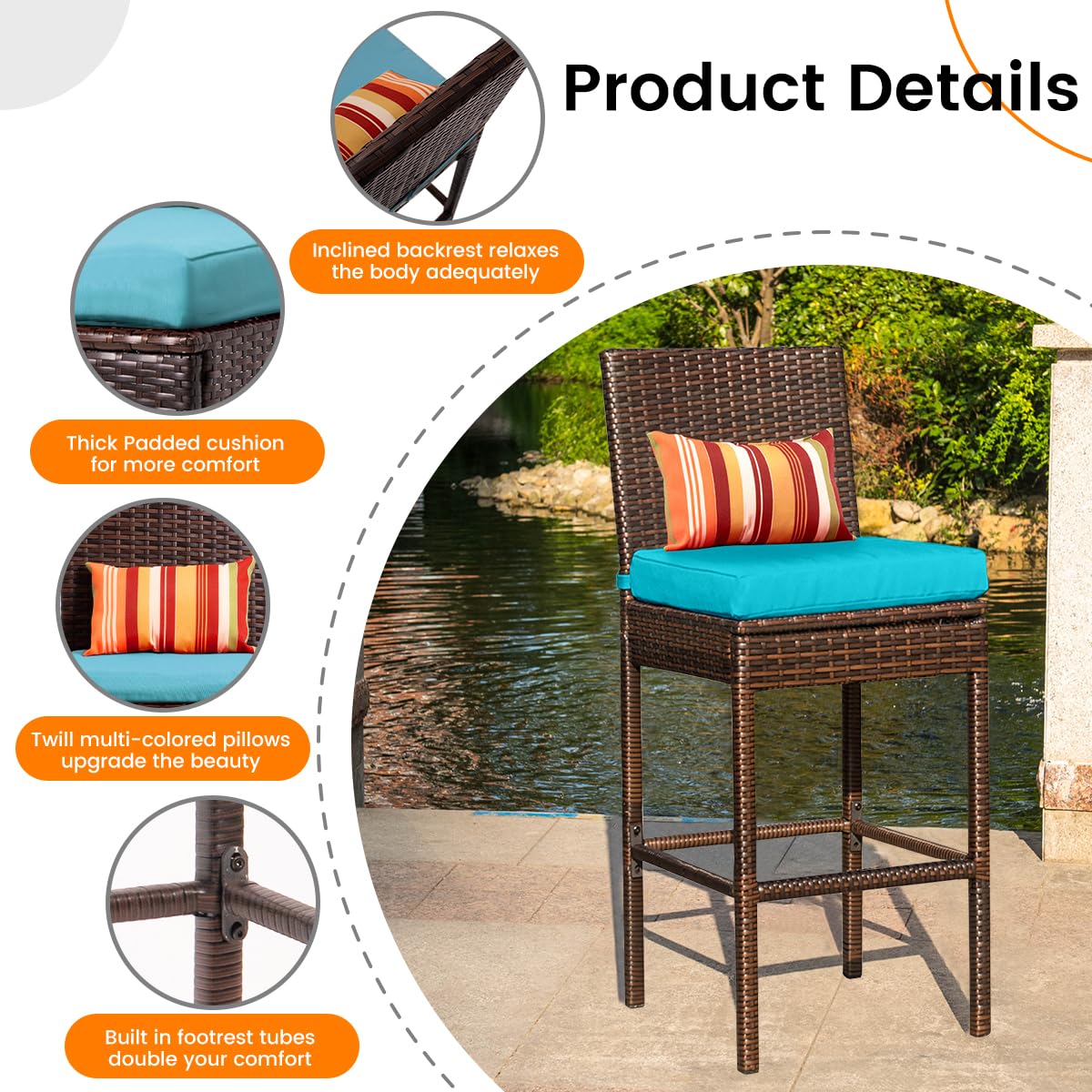 Sundale Outdoor Wicker Bar Stool Set of 4 - 30 Inch Counter Height Patio Stools with Backrest, Rattan Woven Tall Chairs with Blue Cushions & Pillows - Steel Frame, Brown - Perfect for Backyard, Poolside, and Outdoor Dining Areas