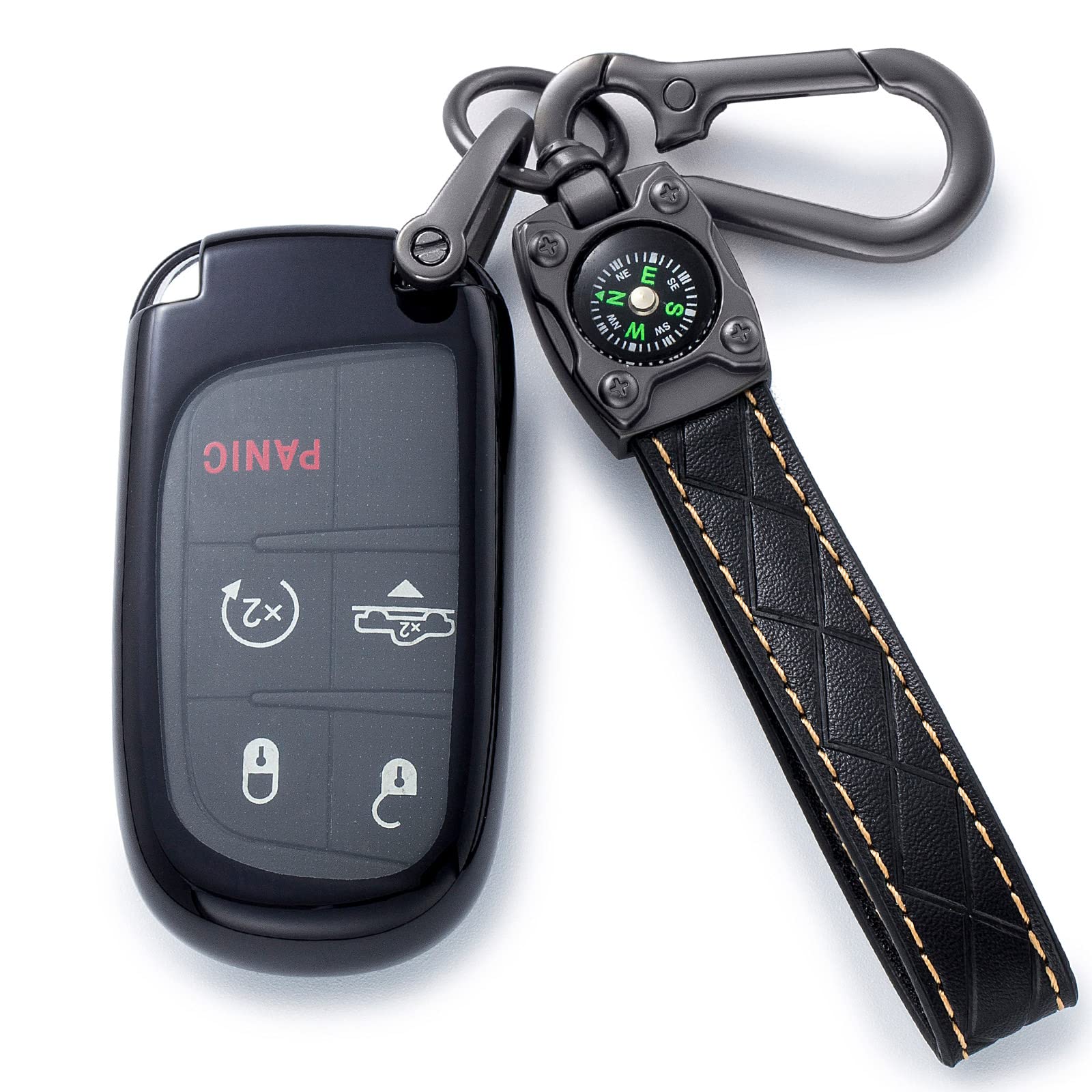 Premium Leather Keychain & Soft TPU Key Fob Cover for Jeep Grand Cherokee/Renegade, Chrysler 200/300, Dodge RAM/Durango/Challenger/Journey/Dart, Fiat - Universal Smart Key Protection (3/4/5 Button) | Durable Car Accessories for Everyday Use & Travel