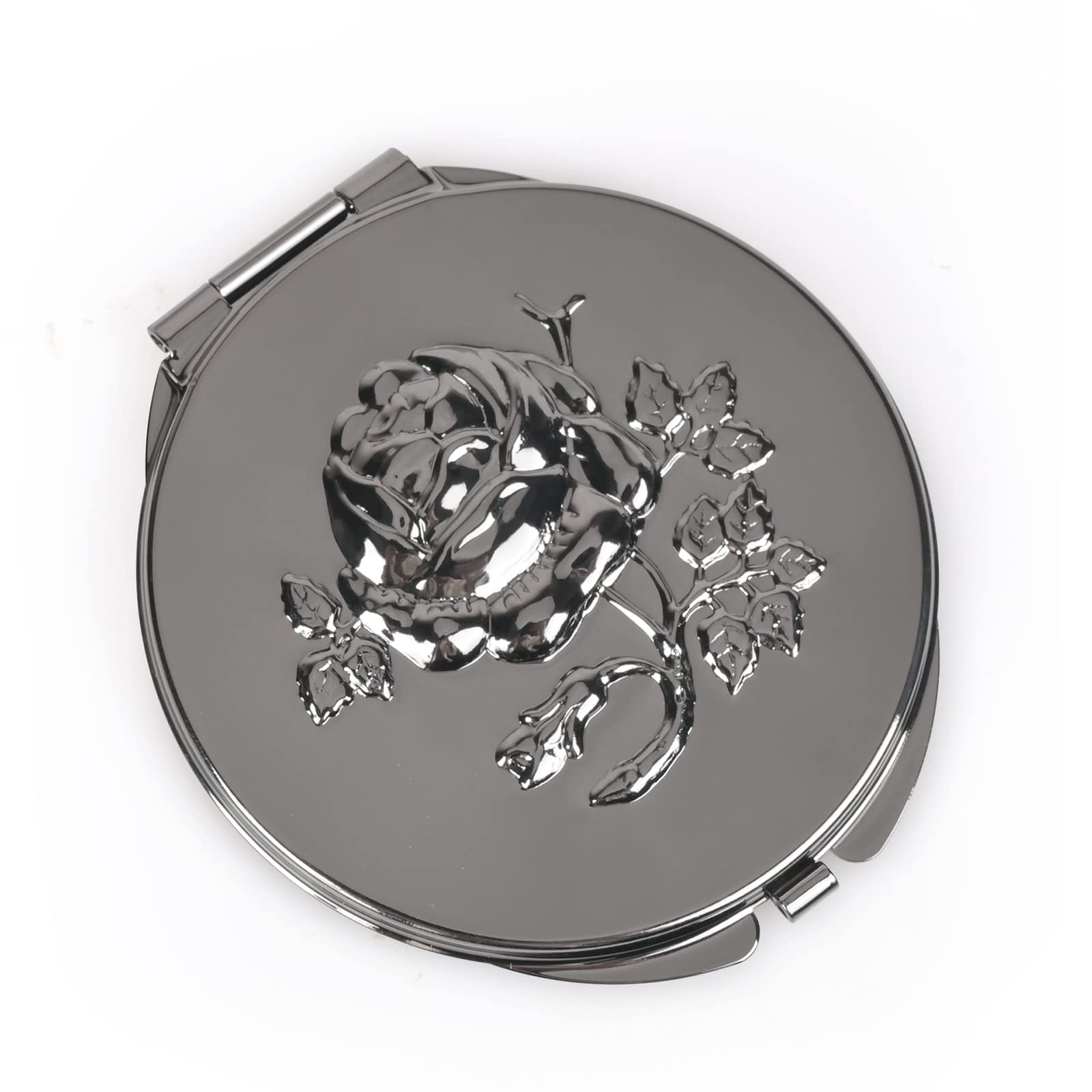 Vintage Metal Compact Mirror - Portable Travel Mirror with 1x/2x Magnification, Foldable & Lightweight (Gun Black) | Perfect for Makeup, Cosmetics & On-the-Go Touch Ups