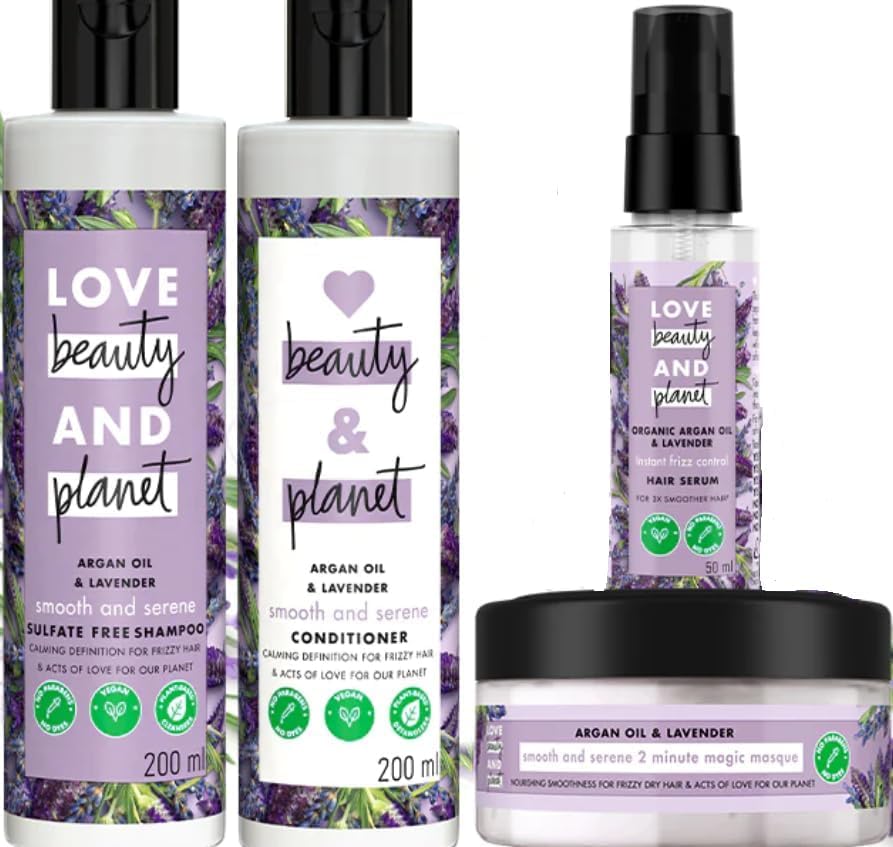 Lo.ve Bea.uty And Pla.net Argan Oil & Lavender Anti-Frizz Smoothing Hair Care Set - Shampoo, Conditioner, Hair Mask & Serum Combo (200ml+200ml+200ml+50ml) for Frizzy, Dry & Damaged Hair - Perfect for Daily Hair Care & Salon-Style Smoothing at Home