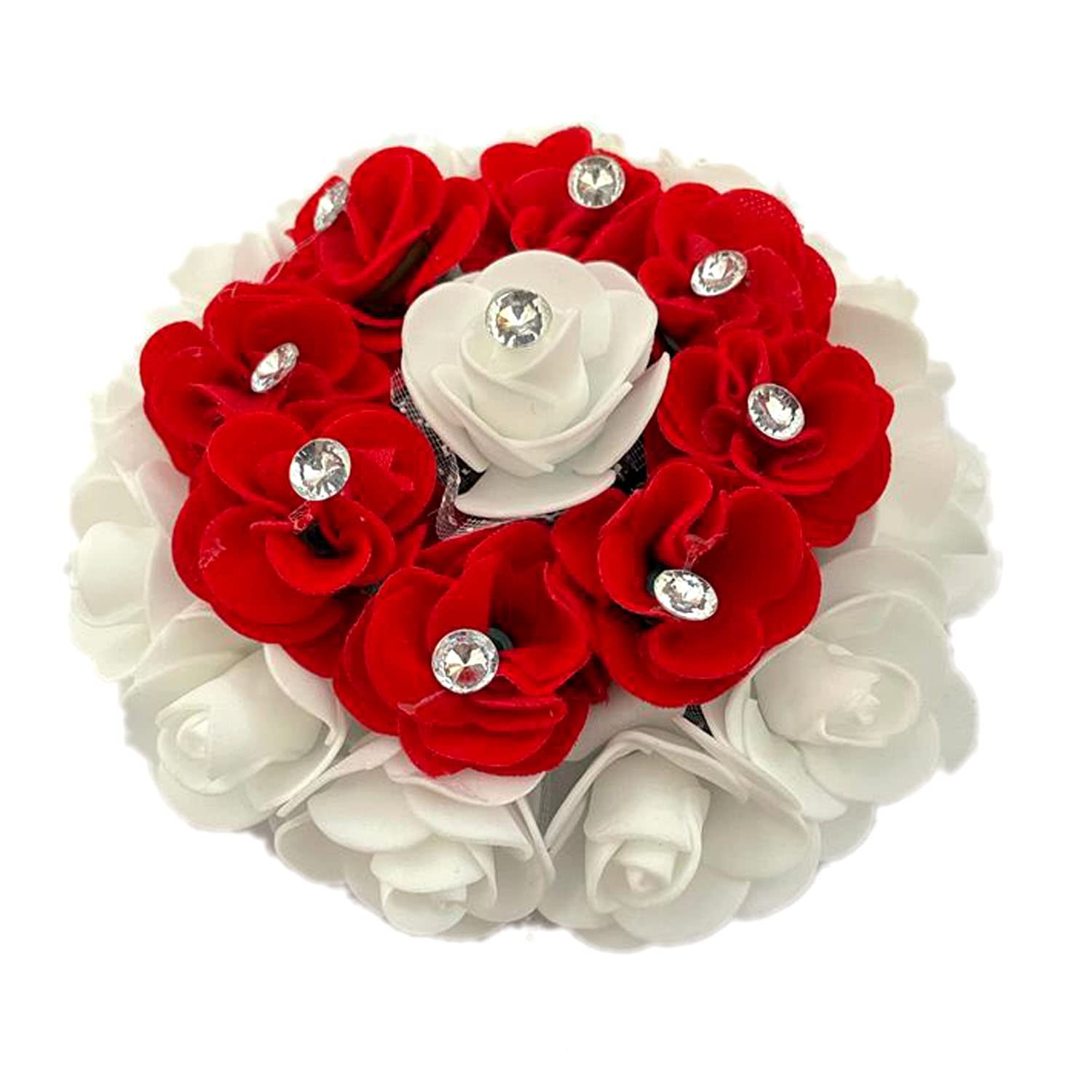Maahal Full Bun Foam Flower Hair Bun Gajra - Bridal Hair Styling Accessories for Women & Girls (Red & White) - Perfect for Weddings, Parties & Traditional Events