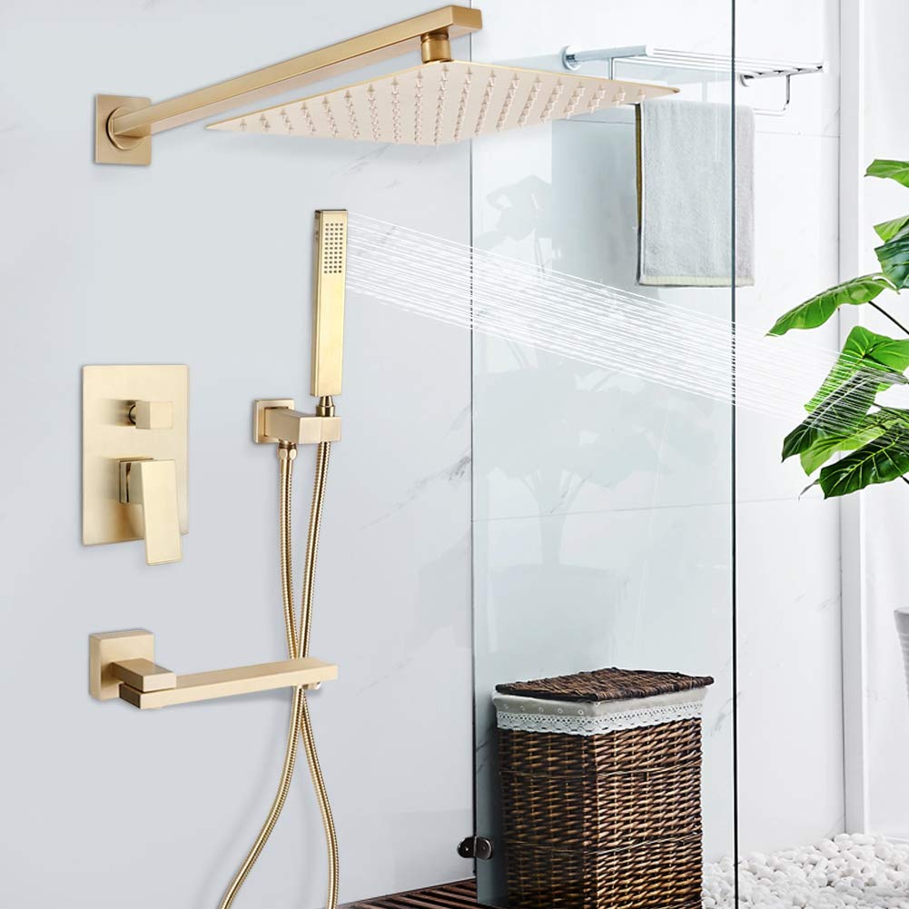 Premium 3-Function Rainfall Shower Head with Handheld Sprayer - Brushed Gold Square Wall Mounted Shower System for Bathroom, Home & Hotel Use - G1/2 Inch Copper Finish for Luxurious Spa-Like Experience