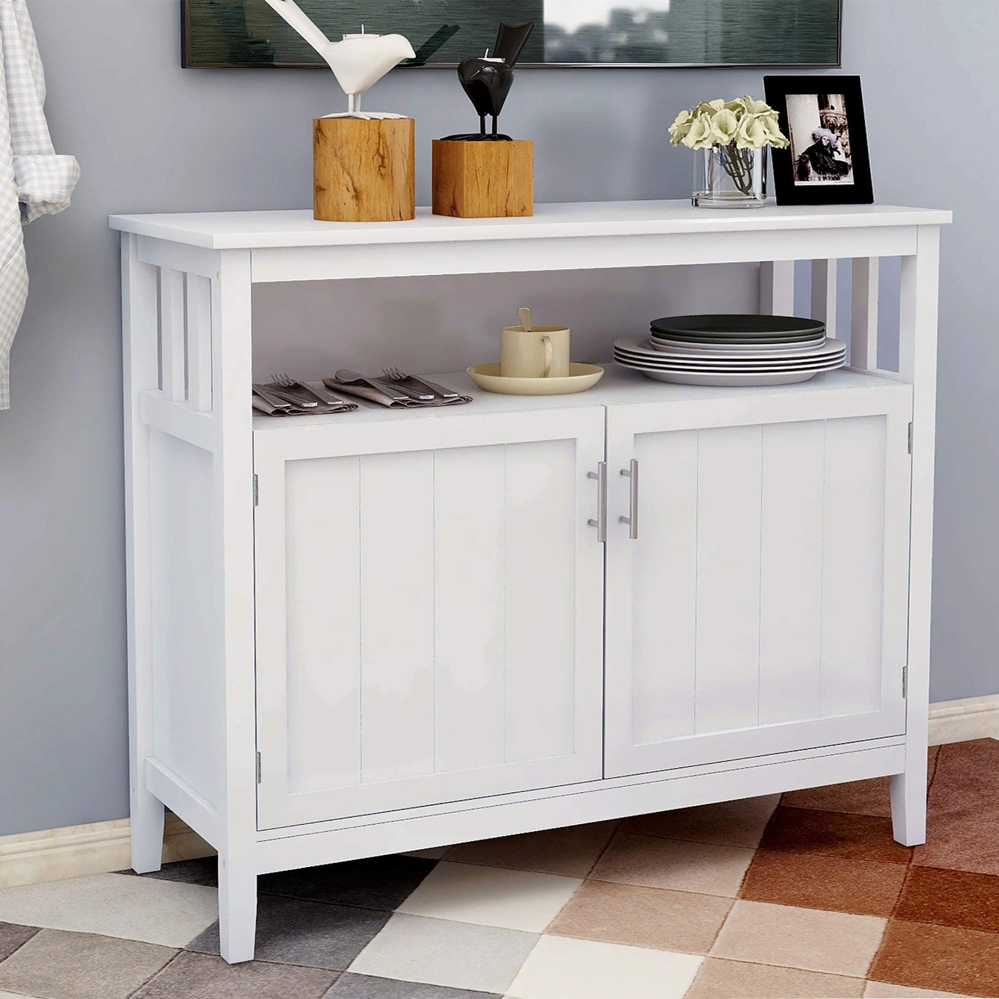 White Wooden Kitchen Buffet Sideboard with 2-Tier Cabinet & Open Shelf - Modern Storage Console Table for Dining Room, Living Room & Pantry Organization