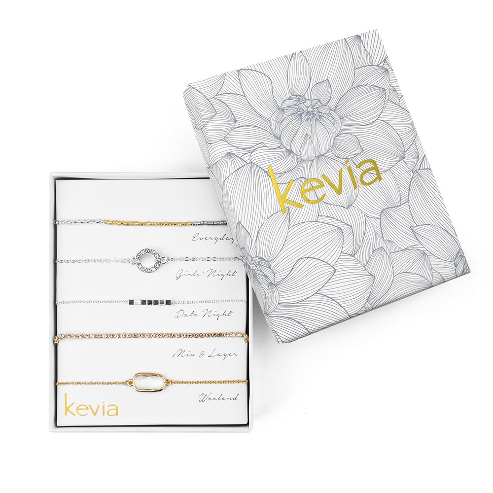 Kevia 5-Piece Stackable Bracelet Set in Silver & Gold with CZ Stones - Elegant Layered Jewelry for Women, Perfect for Parties, Weddings & Everyday Wear
